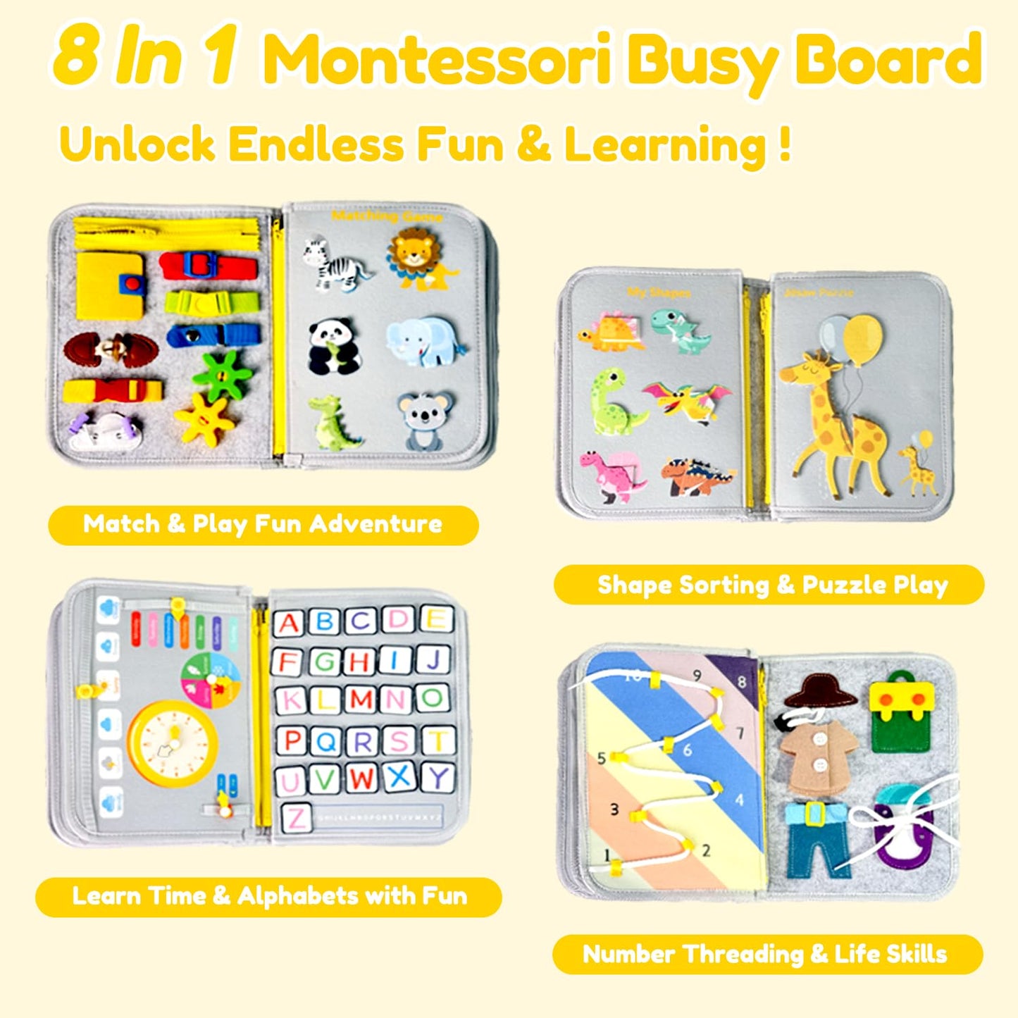 Qizfun Busy Board Montessori Toy for Toddlers – Educational Sensory Learning & Fine Motor Skills