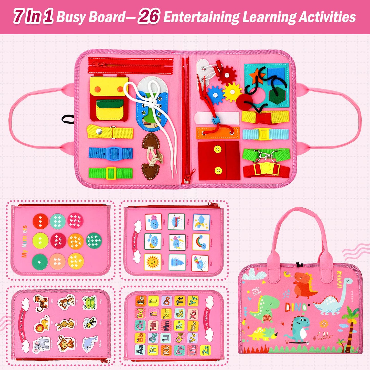 Qizfun Busy Board Montessori Toy for Toddlers – Sensory Learning & Fine Motor Skills (Pink)