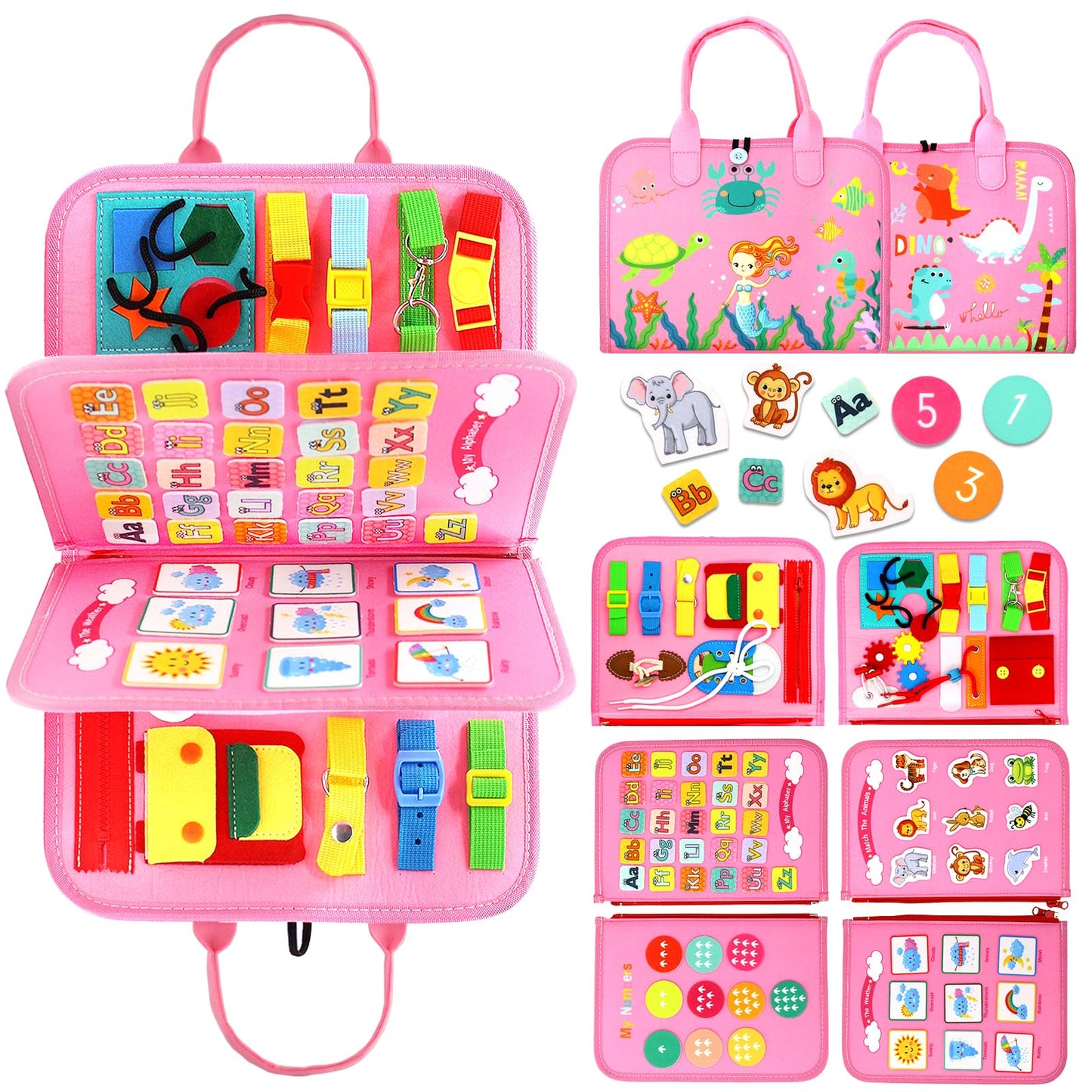Qizfun Busy Board Montessori Toy for Toddlers – Sensory Learning & Fine Motor Skills (Pink)