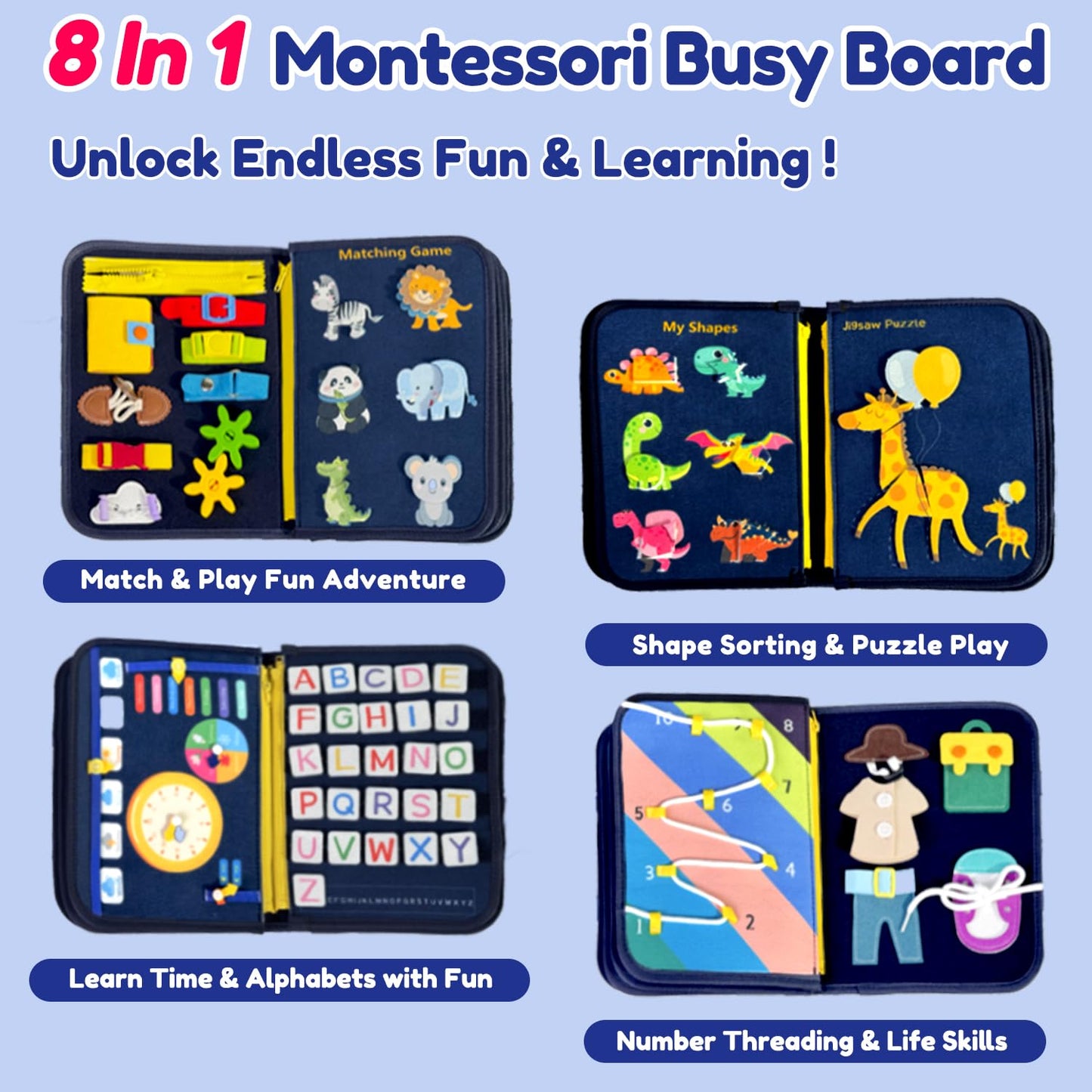 Qizfun Toddler Busy Board – Montessori Sensory Learning Toy for Travel (Blue)