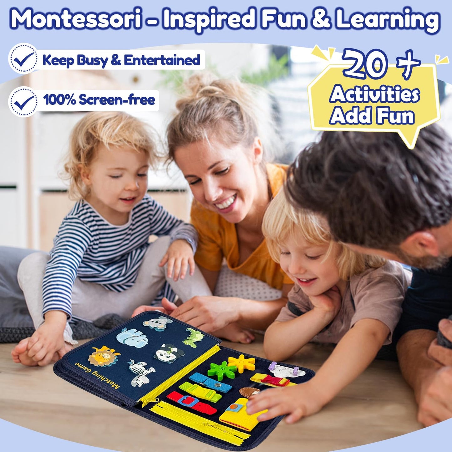 Qizfun Toddler Busy Board – Montessori Sensory Learning Toy for Travel (Blue)