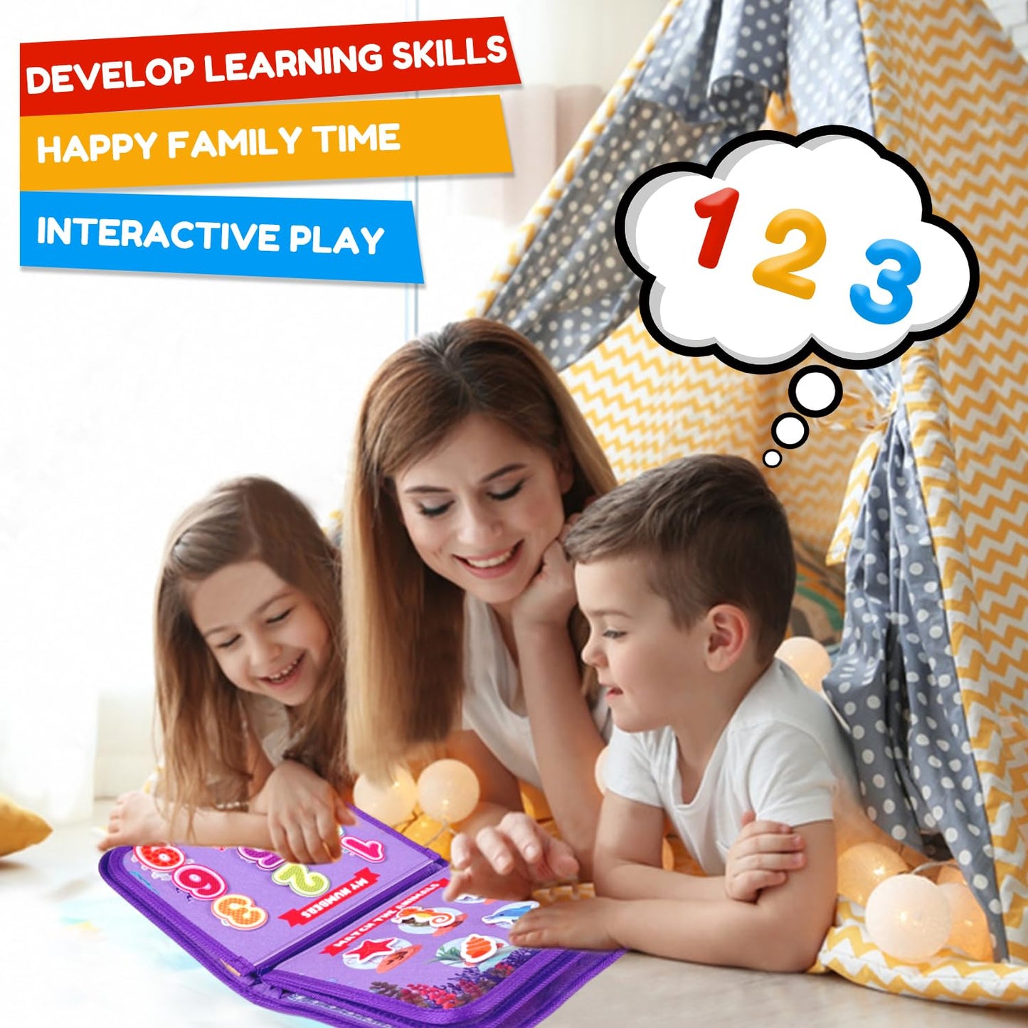Qizfun Montessori Busy Board Book for Toddlers – Mermaid Sensory Learning Toy, Travel Busy Board for Car & Airplane