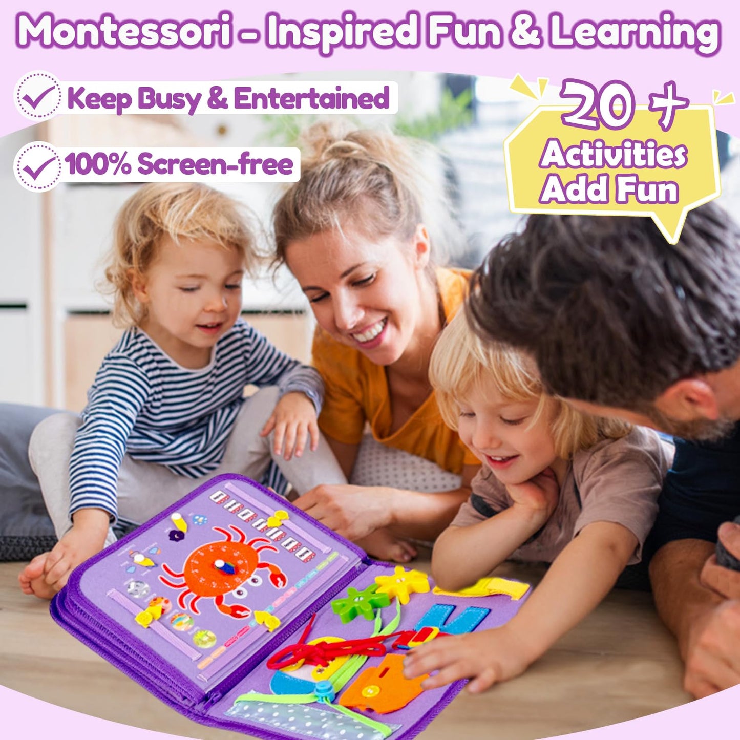 Qizfun Montessori Busy Board Book for Toddlers – Mermaid Sensory Learning Toy, Travel Busy Board for Car & Airplane