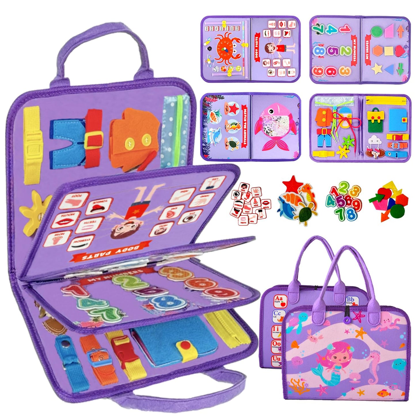 Qizfun Montessori Busy Board Book for Toddlers – Mermaid Sensory Learning Toy, Travel Busy Board for Car & Airplane