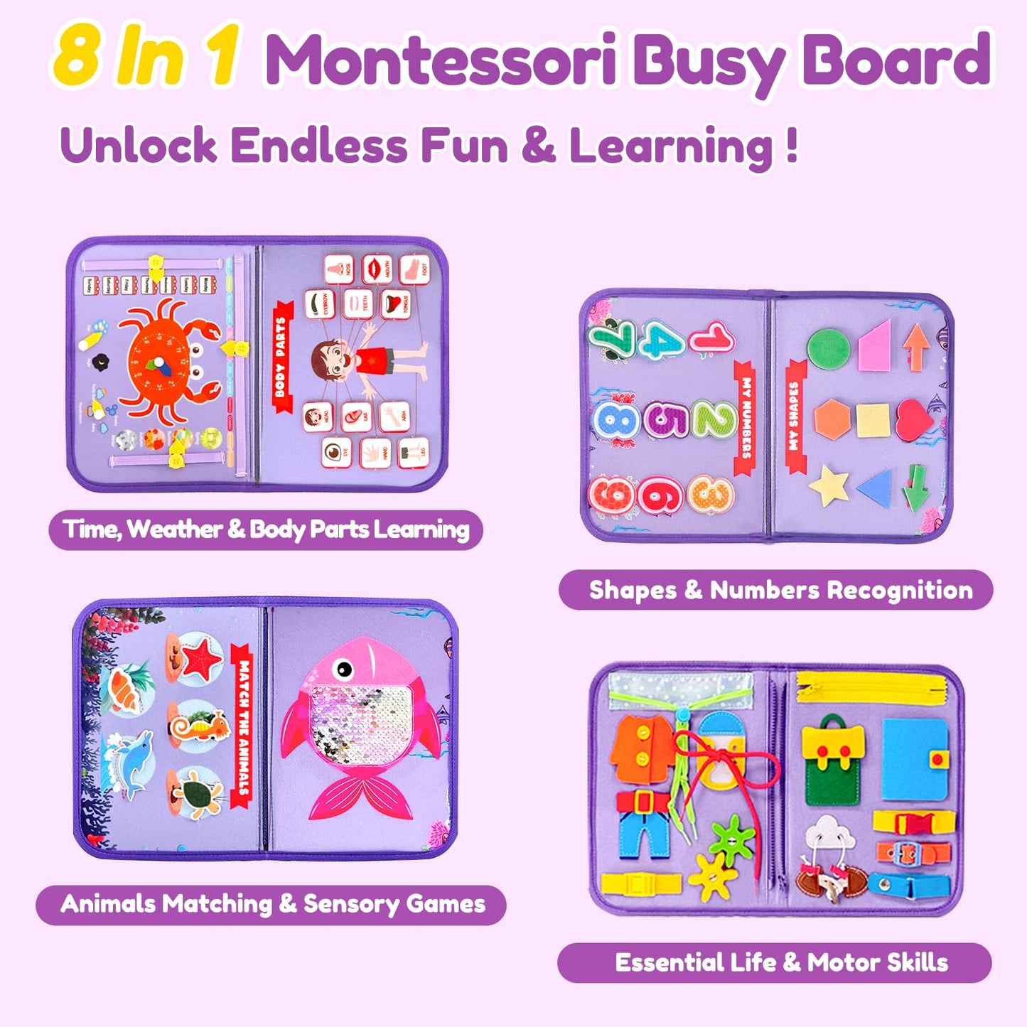 Qizfun Montessori Busy Board Book for Toddlers – Mermaid Sensory Learning Toy, Travel Busy Board for Car & Airplane