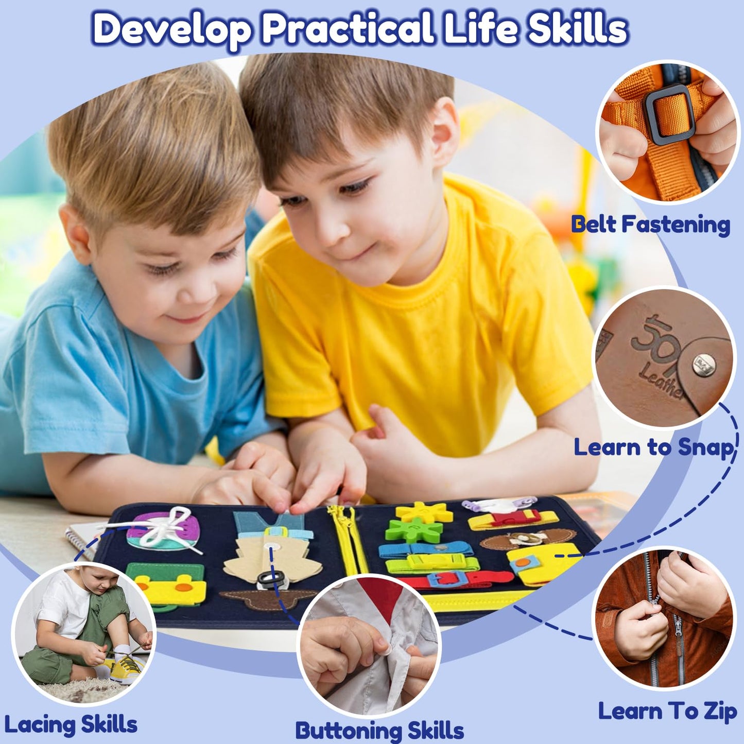 Qizfun Toddler Busy Board – Montessori Sensory Learning Toy for Travel (Blue)