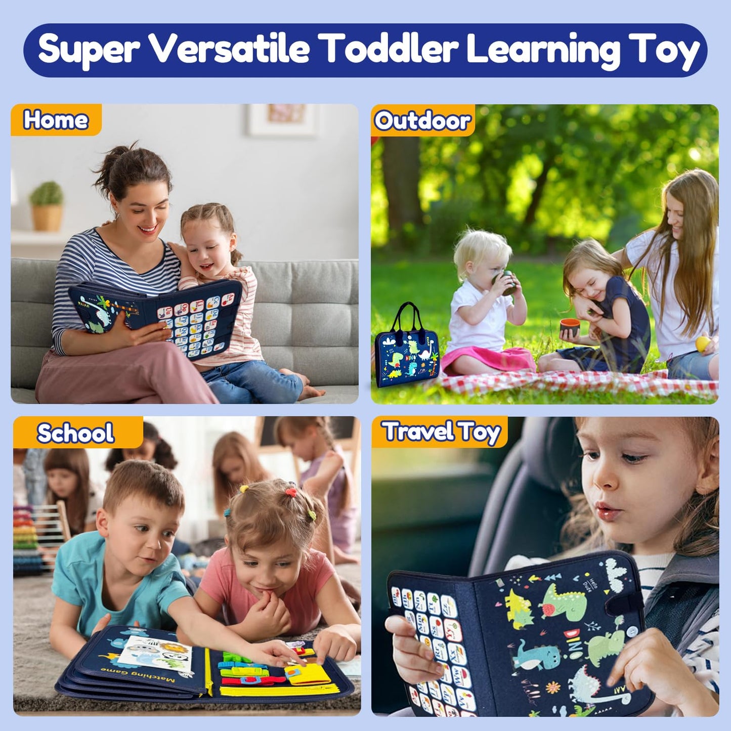 Qizfun Toddler Busy Board – Montessori Sensory Learning Toy for Travel (Blue)