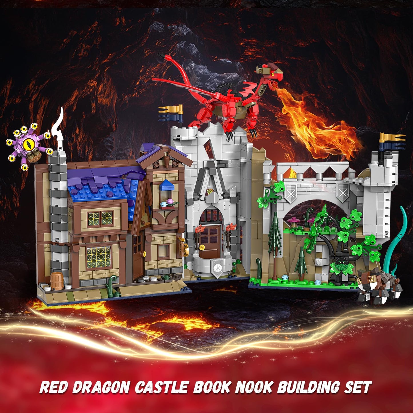 QJYAMK Red Dragons Medieval Castle Book Nook – 1234-Piece Build Set for Shelves