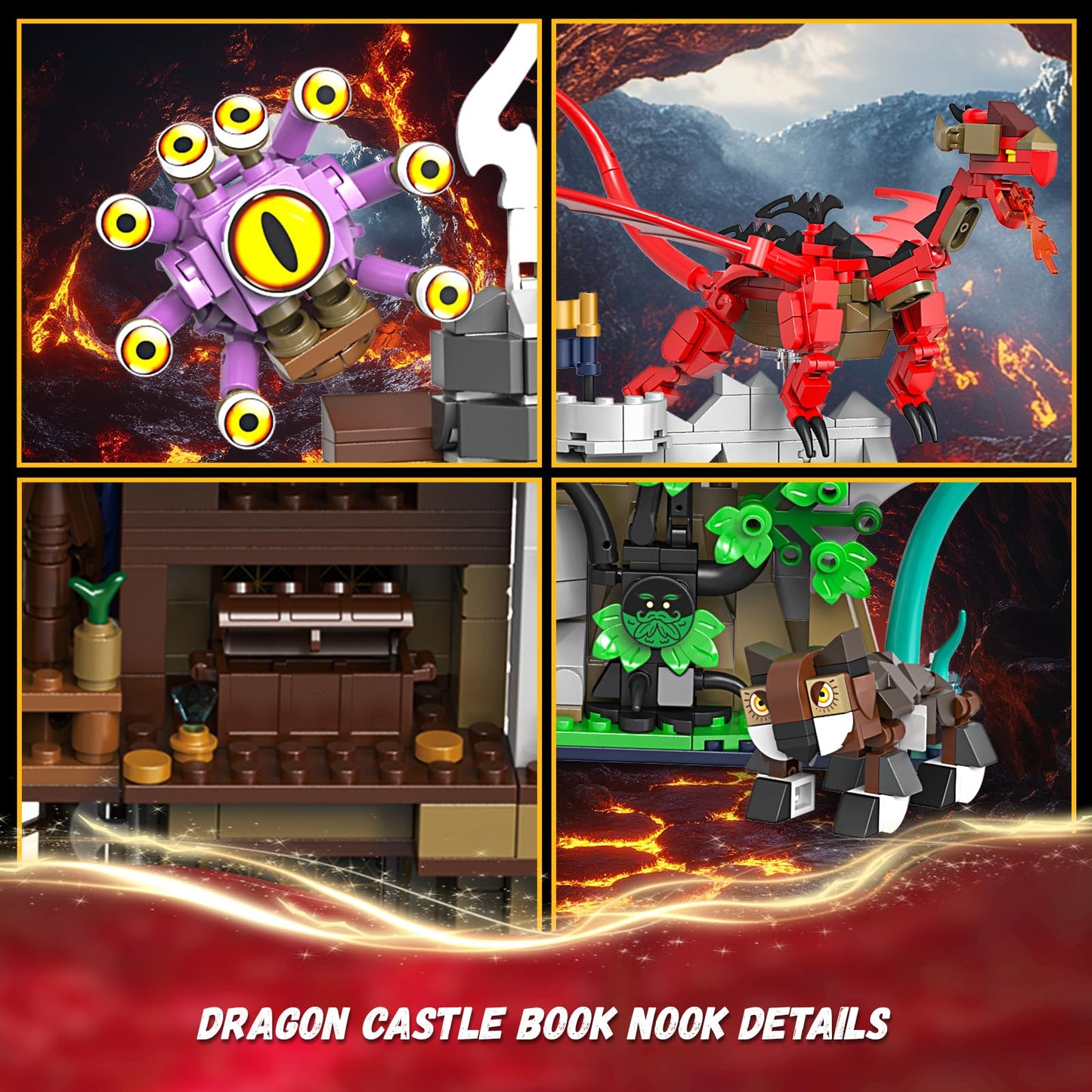 QJYAMK Red Dragons Medieval Castle Book Nook – 1234-Piece Build Set for Shelves