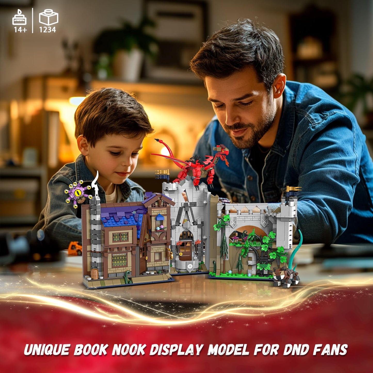 QJYAMK Red Dragons Medieval Castle Book Nook – 1234-Piece Build Set for Shelves