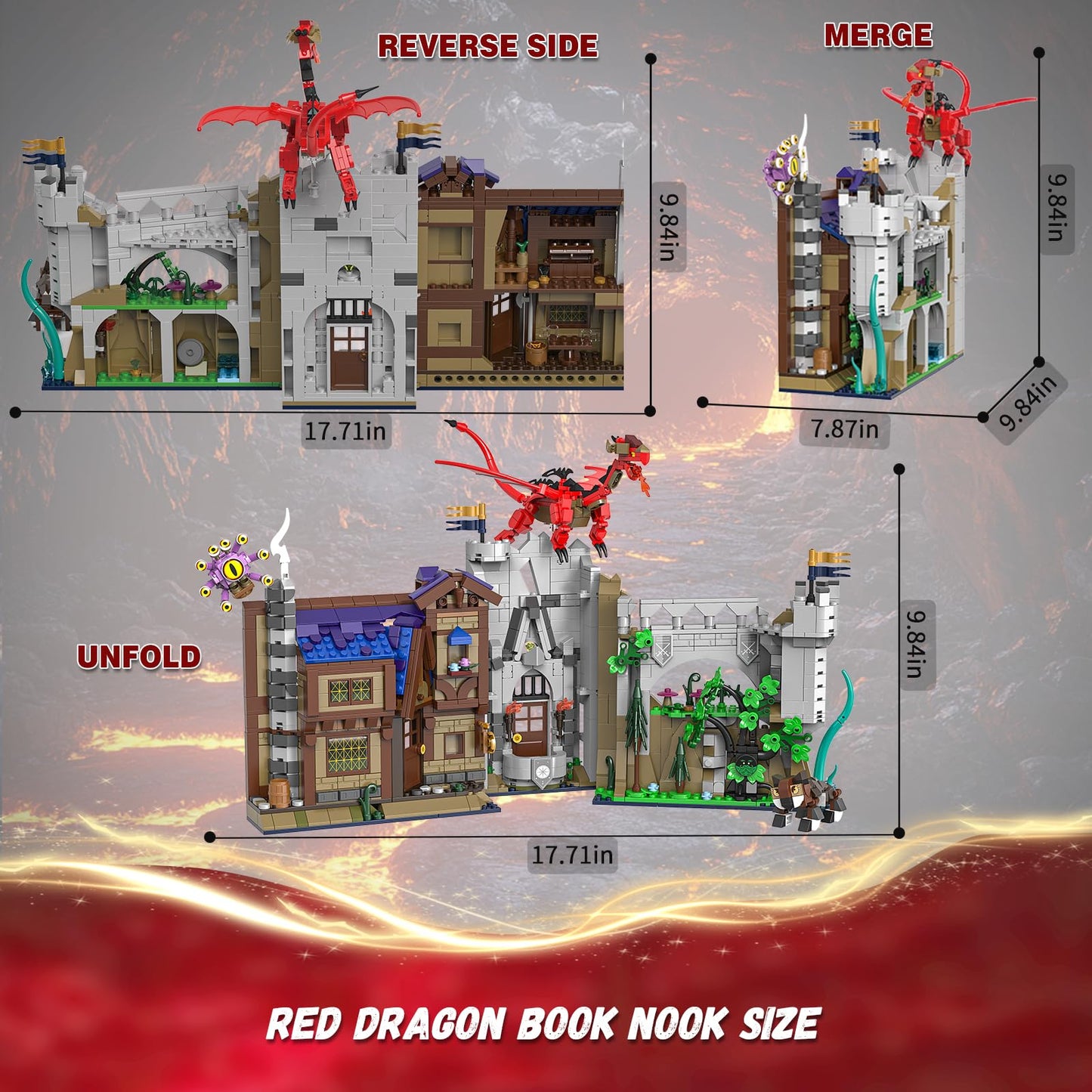 QJYAMK Red Dragons Medieval Castle Book Nook – 1234-Piece Build Set for Shelves