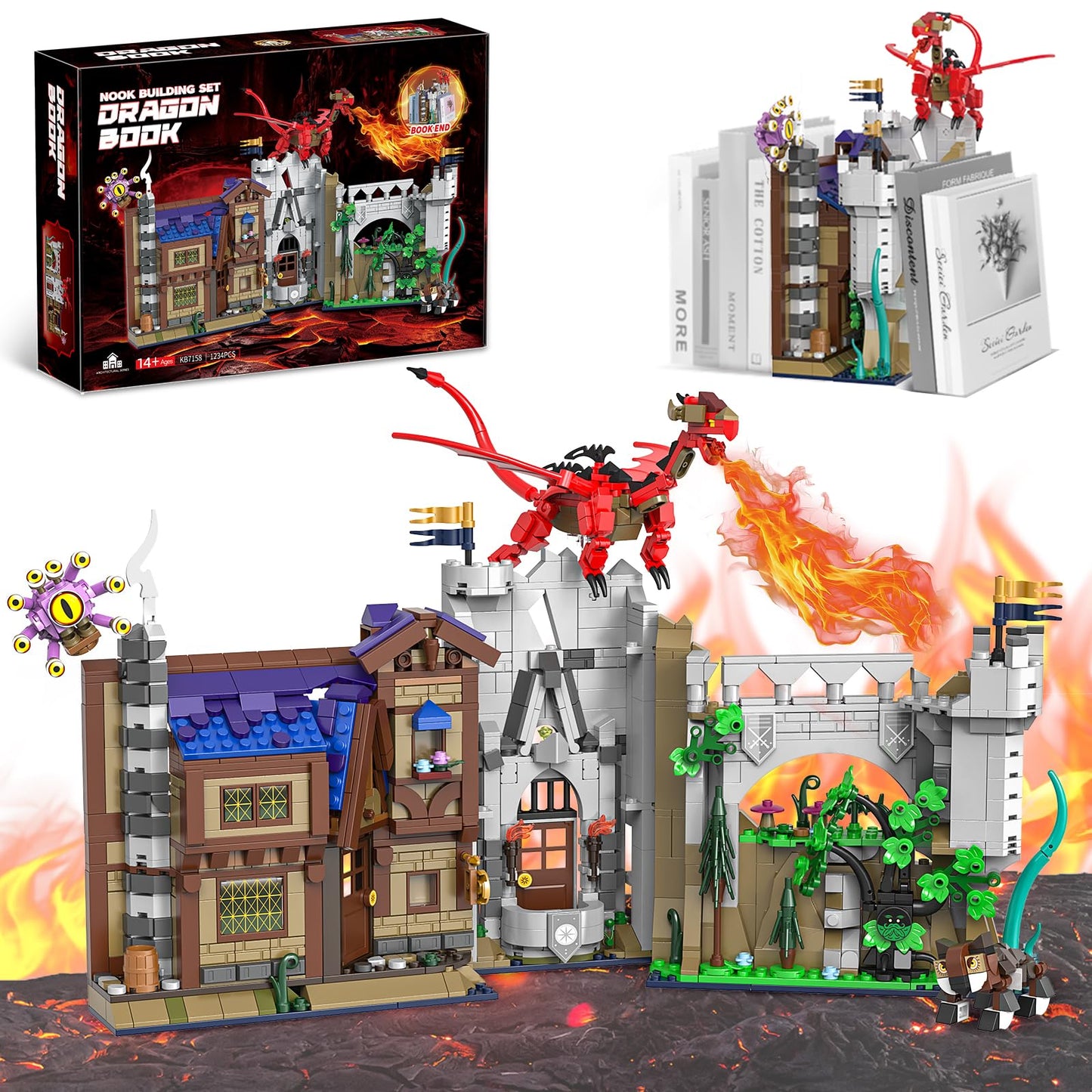QJYAMK Red Dragons Medieval Castle Book Nook – 1234-Piece Build Set for Shelves