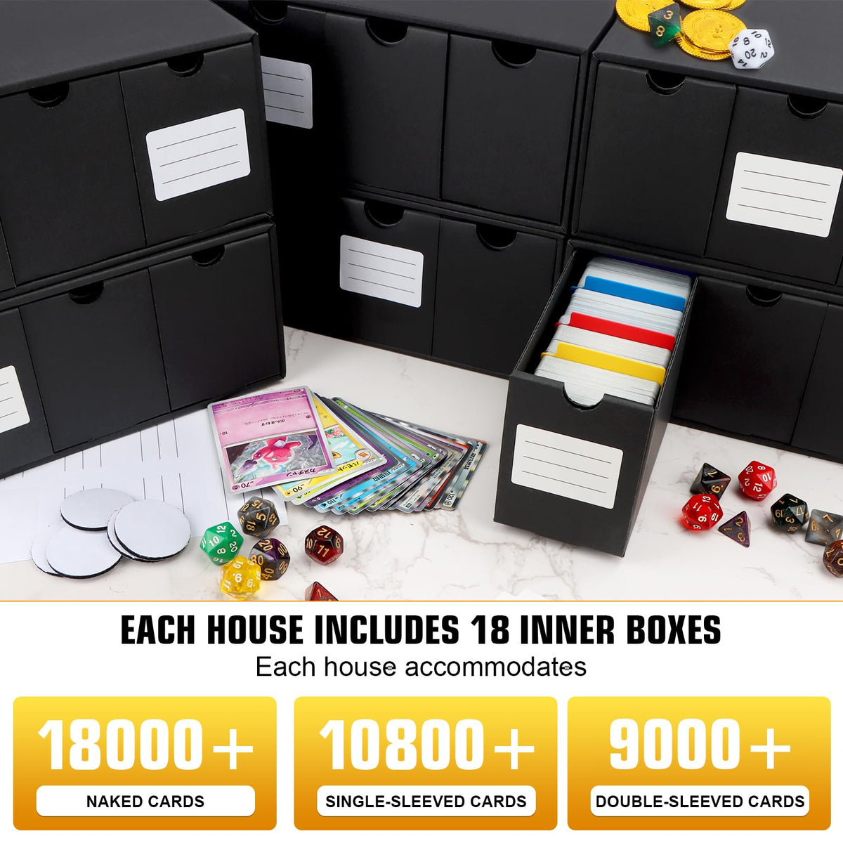 QLOUNI Trading Card Storage Box — 18 Boxes + 60 Dividers for MTG, YGO, PTCG, Baseball Cards