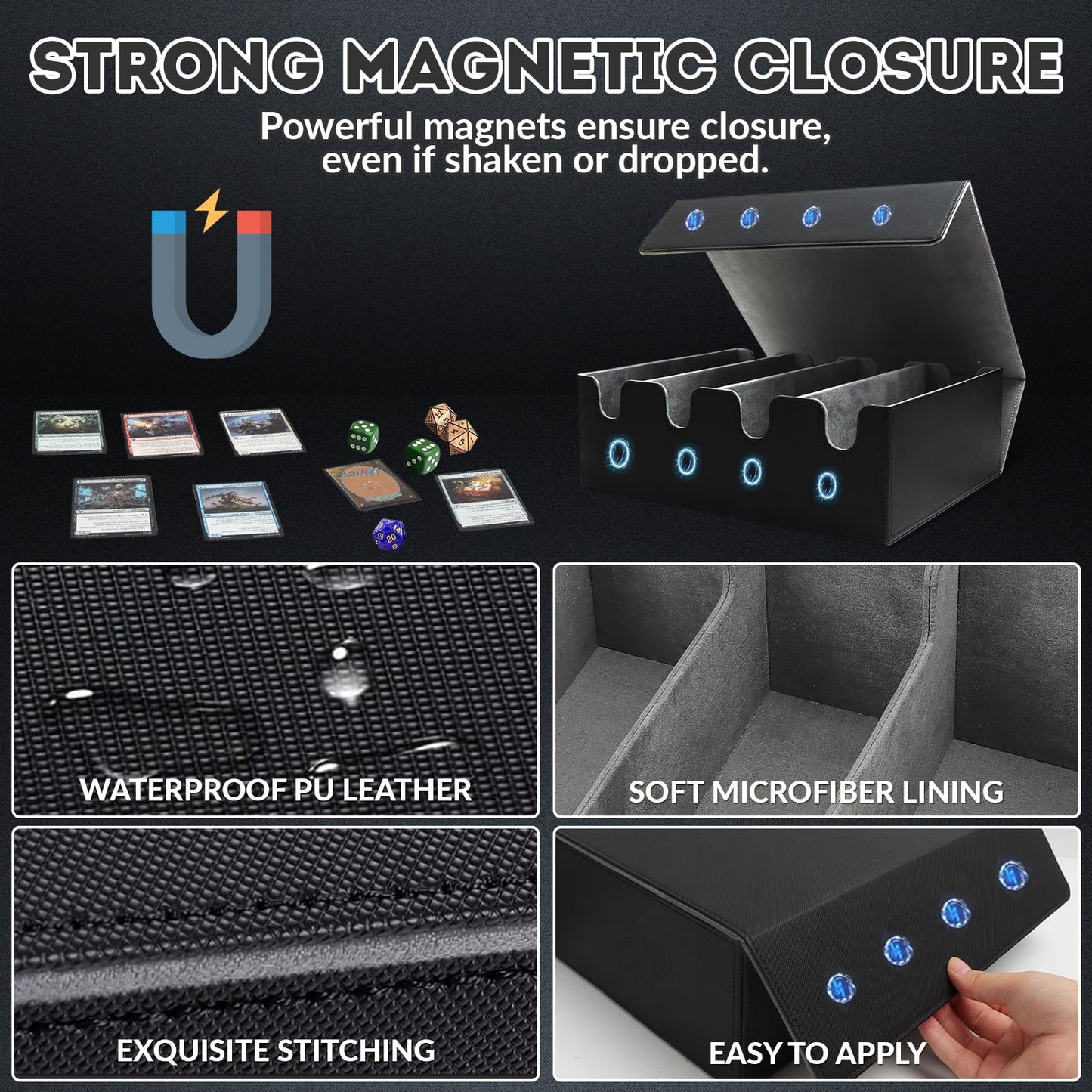 QLOUNI Card Storage Box – 2800+ Card Deck Case with Magnetic Closure, PU Leather, 10 Dividers & 4 Stoppers