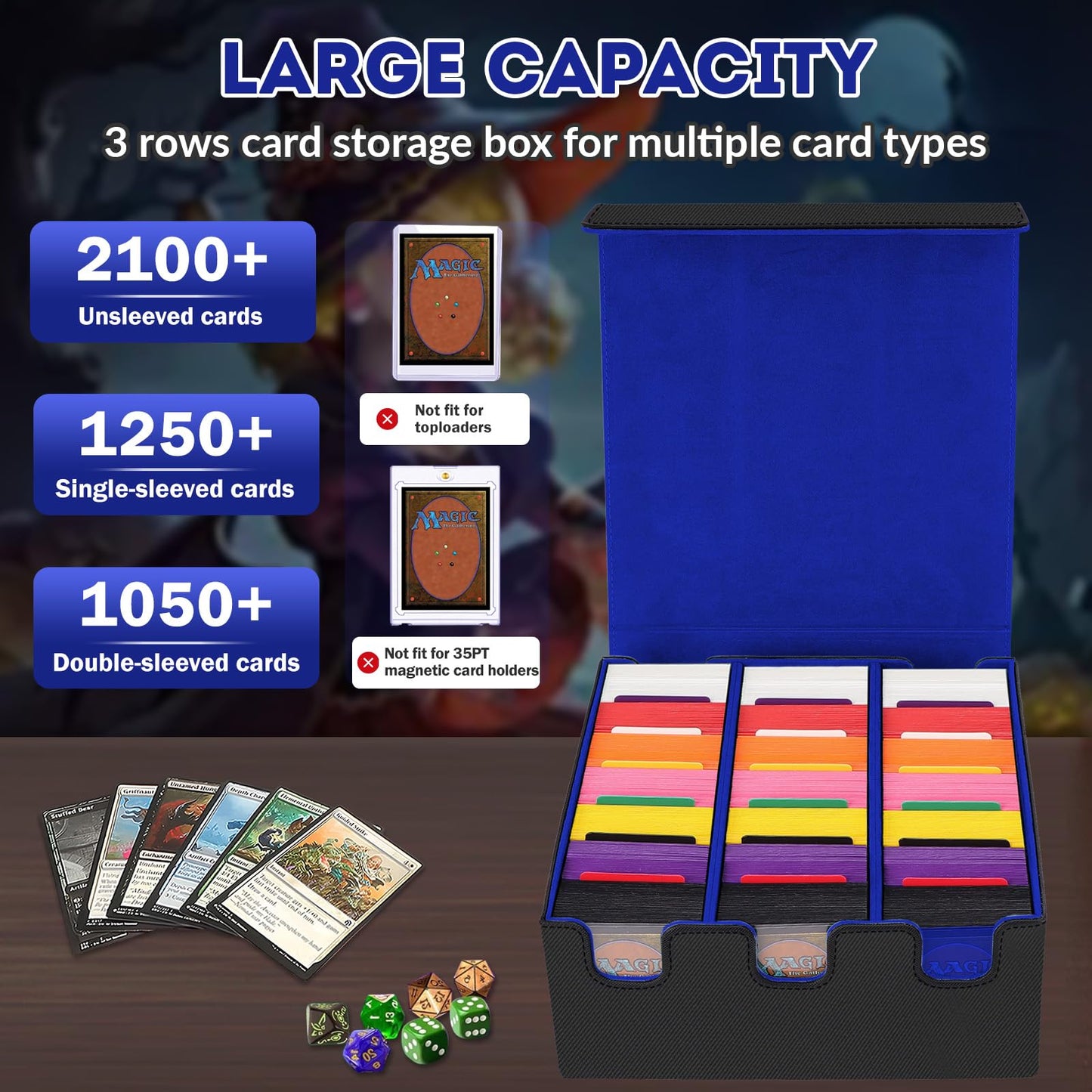 QLOUNI Card Storage Box – 2100+ Card Capacity, Magnetic Closure, PU Leather Deck Case for MTG, YuGiOh & Sports Cards
