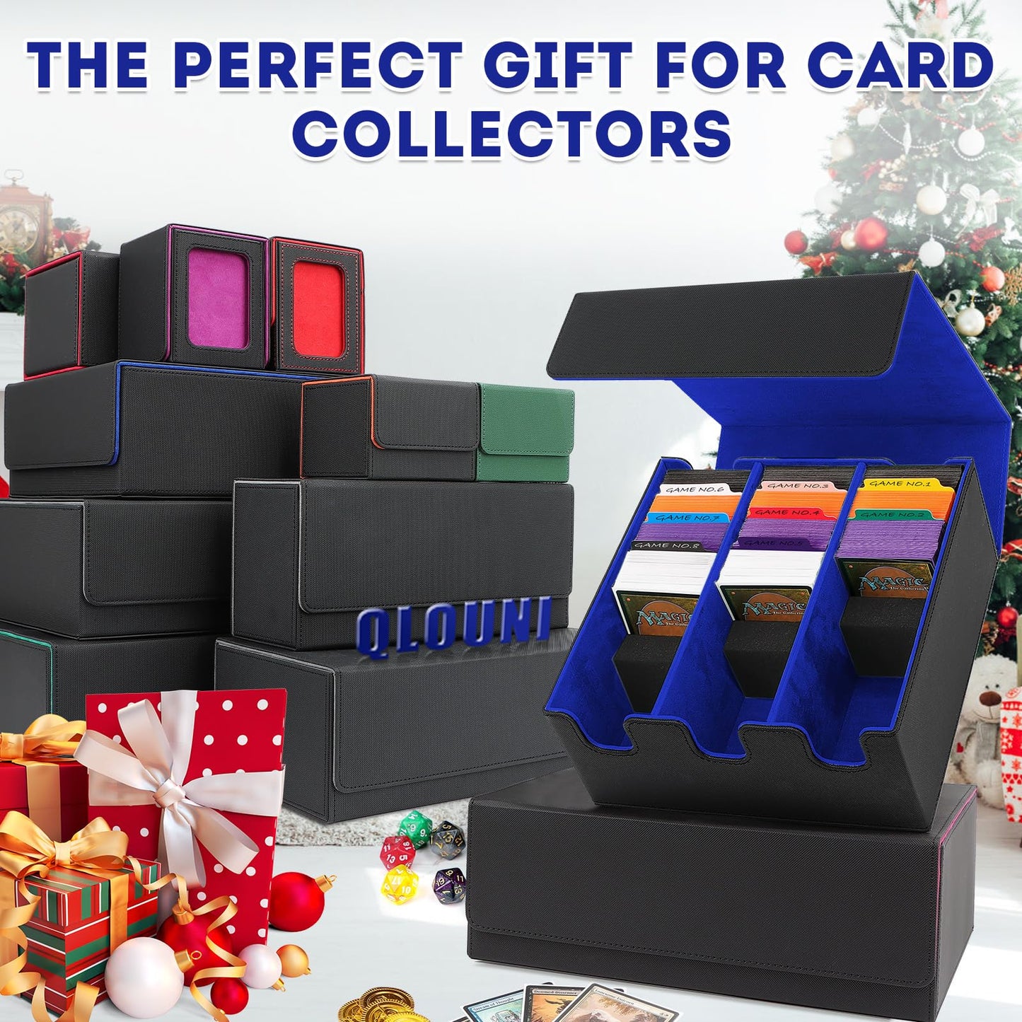 QLOUNI Card Storage Box – 2100+ Card Capacity, Magnetic Closure, PU Leather Deck Case for MTG, YuGiOh & Sports Cards