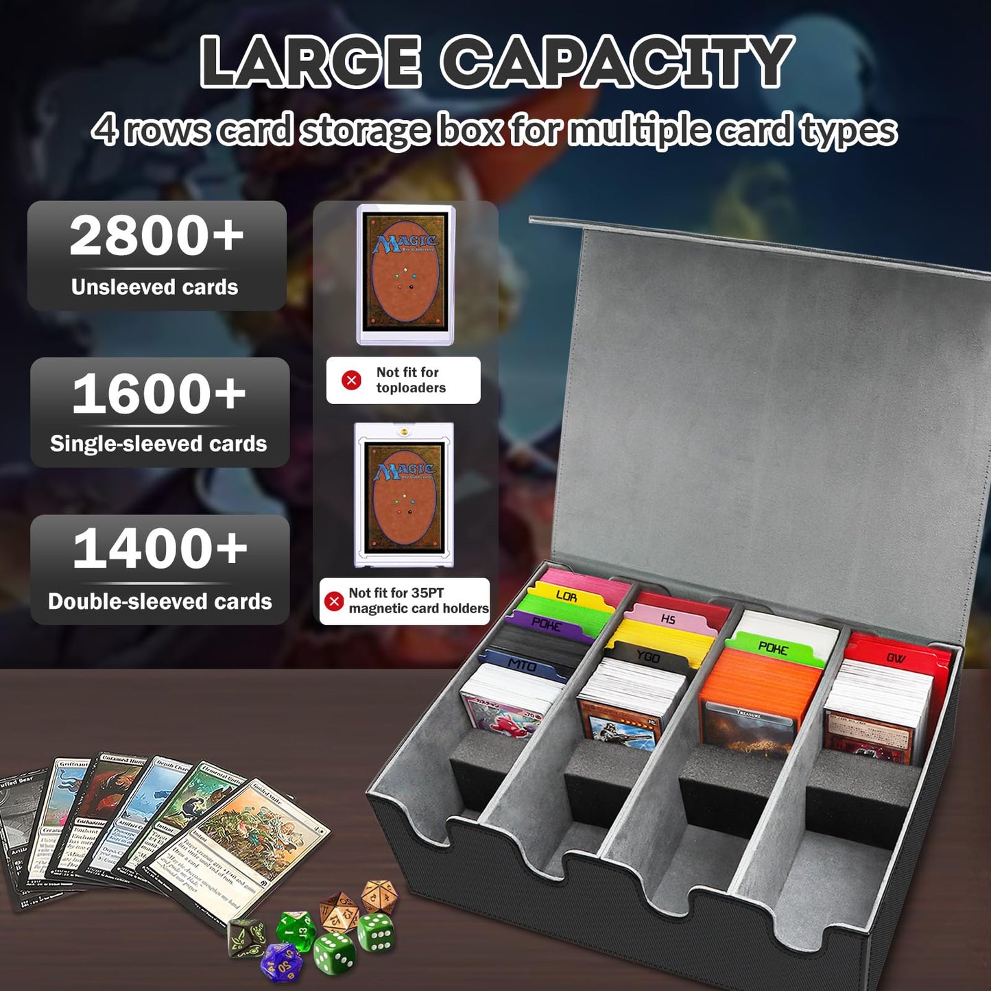 QLOUNI Card Storage Box – 2800+ Card Deck Case with Magnetic Closure, PU Leather, 10 Dividers & 4 Stoppers