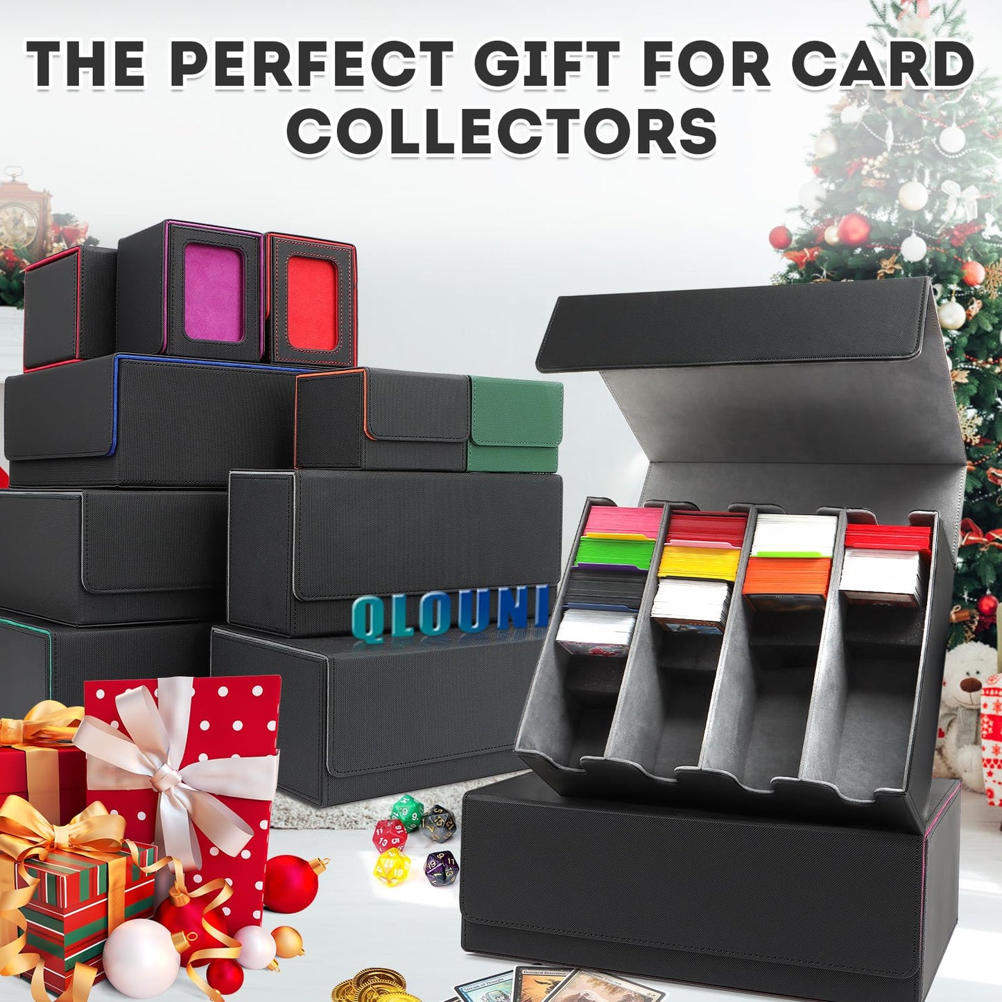 QLOUNI Card Storage Box – 2800+ Card Deck Case with Magnetic Closure, PU Leather, 10 Dividers & 4 Stoppers