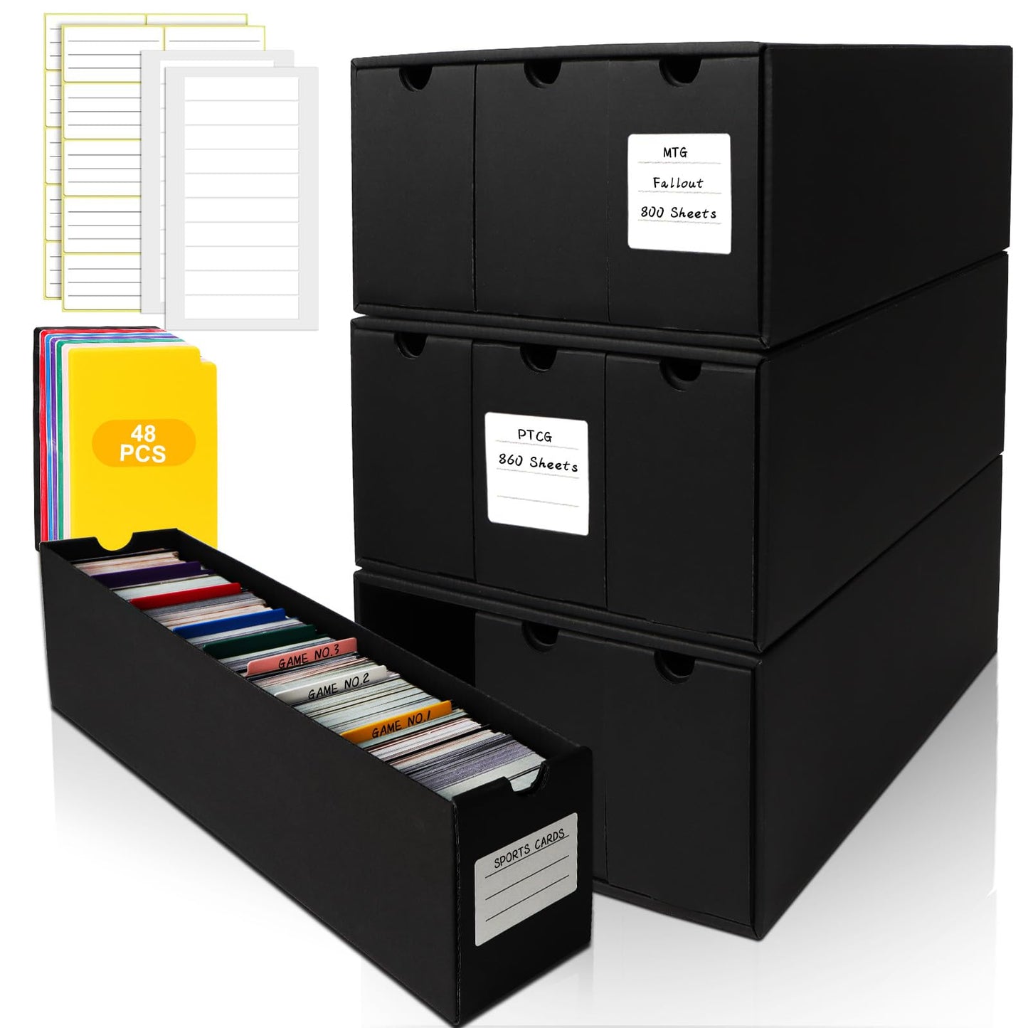 QLOUNI Trading Card Storage Box – 9x600+ Card Boxes, 48 Dividers, 9000+ Card Capacity