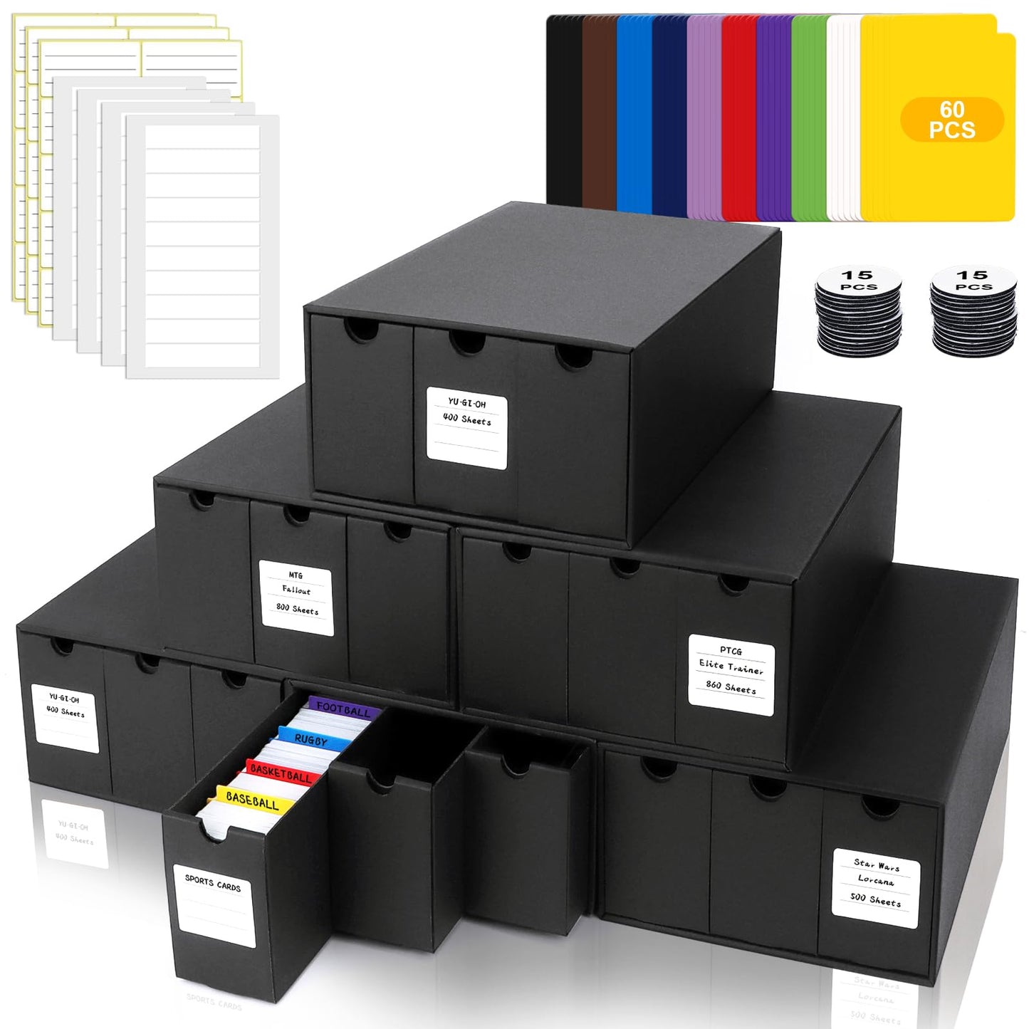QLOUNI Trading Card Storage Box — 18 Boxes + 60 Dividers for MTG, YGO, PTCG, Baseball Cards