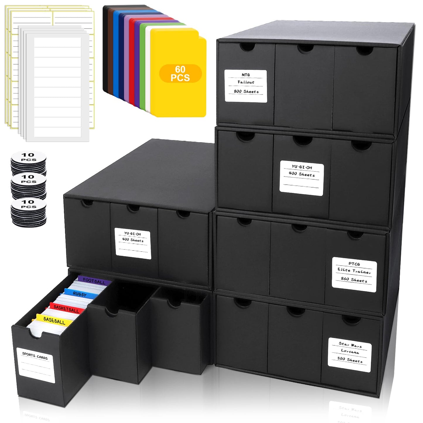 QLOUNI Trading Card Storage Box — 18 Boxes + 60 Dividers for MTG, YGO, PTCG, Baseball Cards