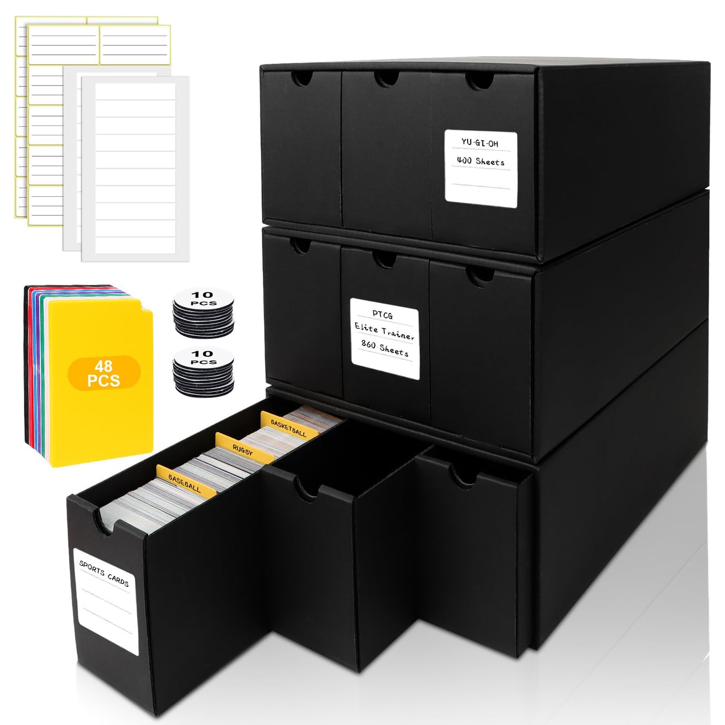 QLOUNI Trading Card Storage Box – 9x600+ Card Boxes, 48 Dividers, 9000+ Card Capacity