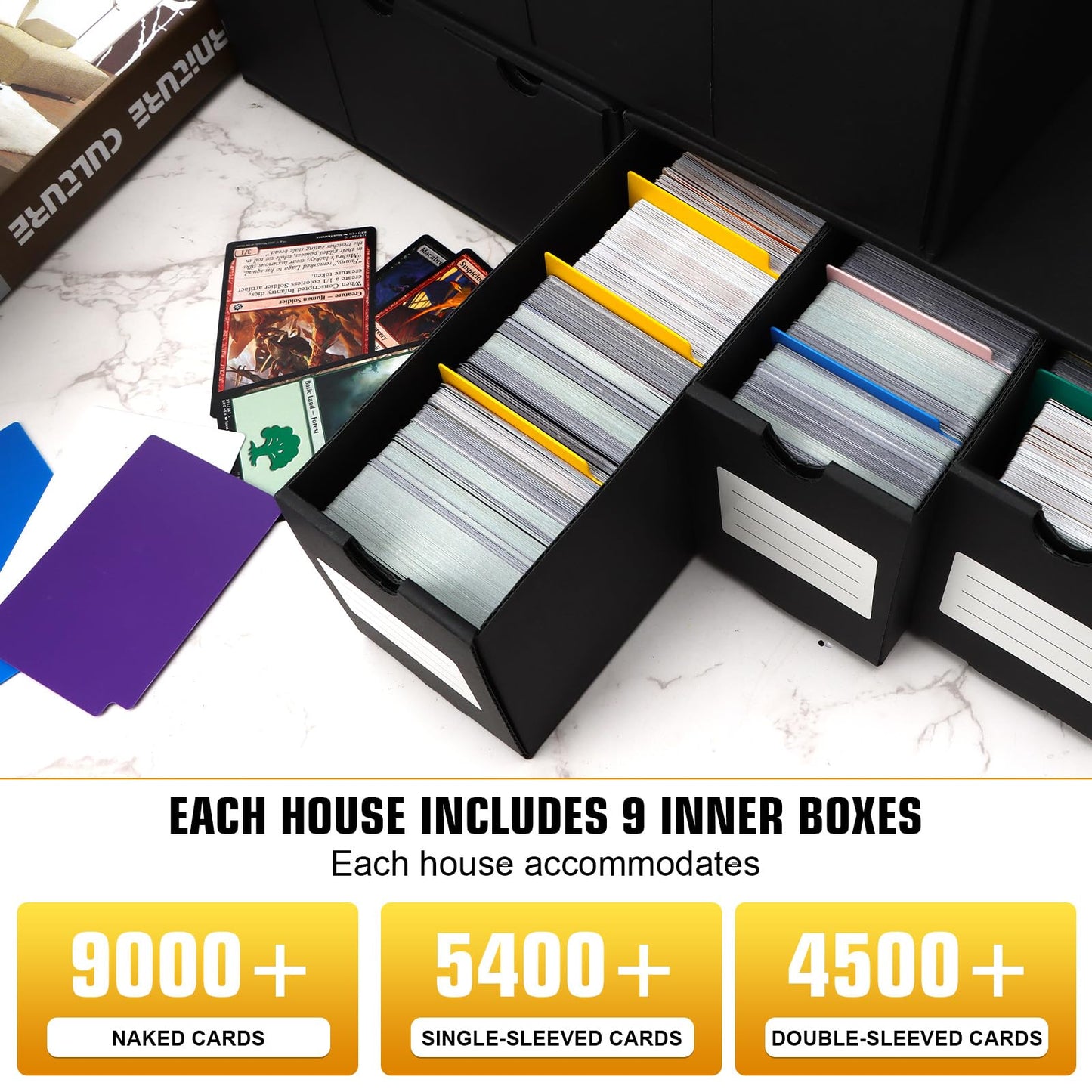 QLOUNI Trading Card Storage Box – 9x600+ Card Boxes, 48 Dividers, 9000+ Card Capacity