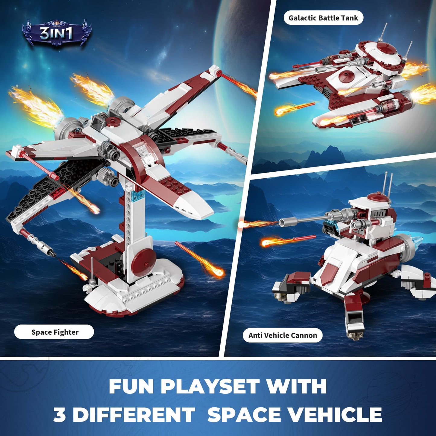 QLT QIAOLETONG 3-in-1 Space Vehicle Set | Buildable Fighter, Tank & Cannon