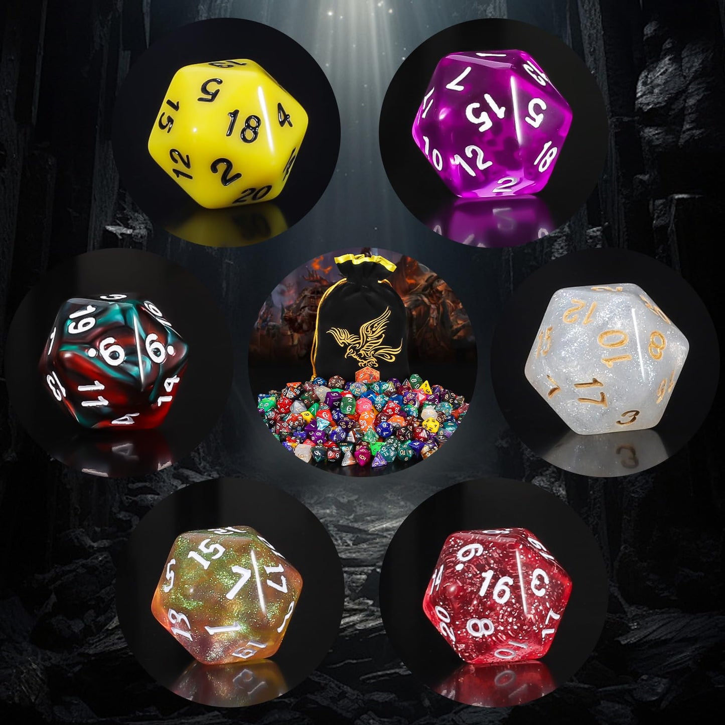QMay 35 Sets Polyhedral Dice – 245 Pieces + Large Drawstring Bag