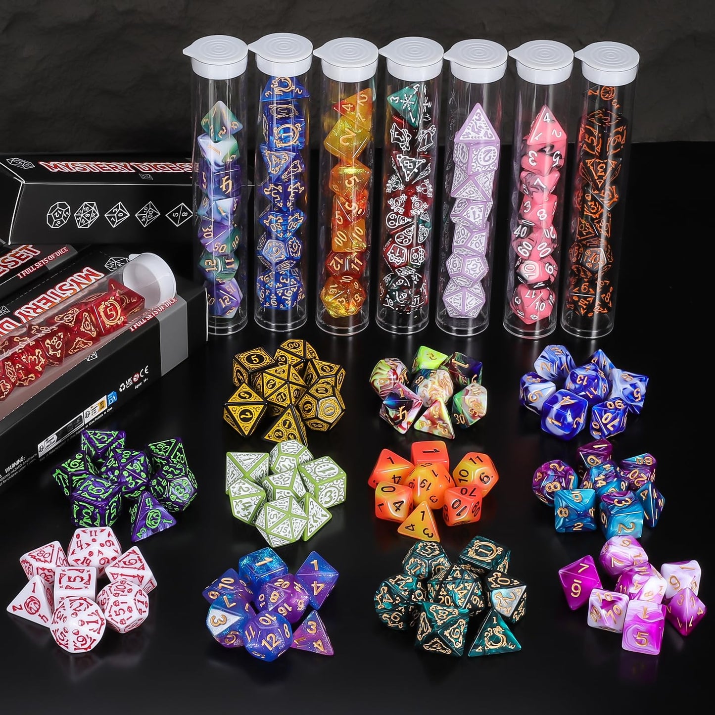 QMAY Mystery Dice Box - 7-Piece Polyhedral Dice Set with Display Tube | Random Patterns for D&D, RPG & MTG