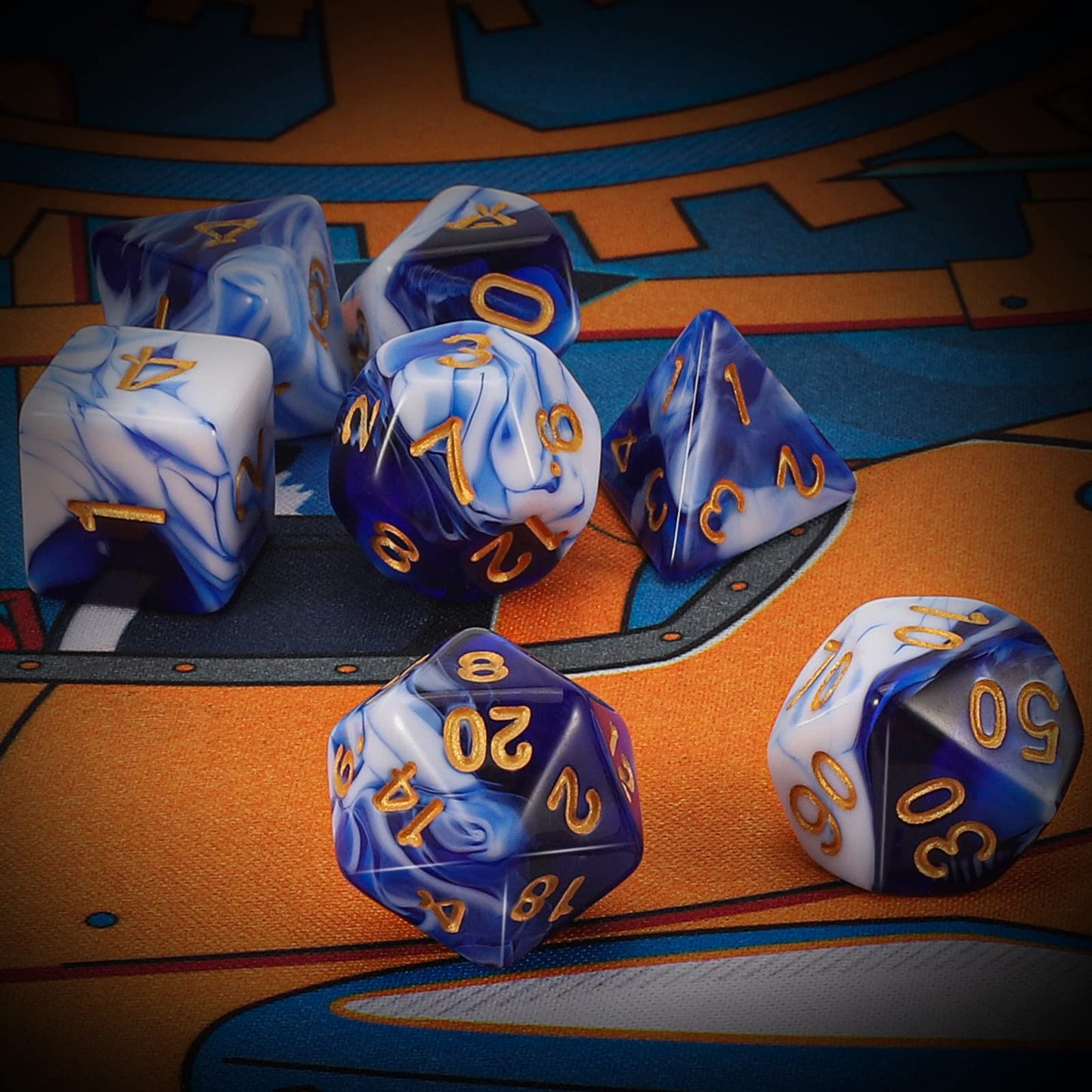 QMAY DND Dice Set – 7-Piece Polyhedral Dice with D&D Bag (Blue Mix White)