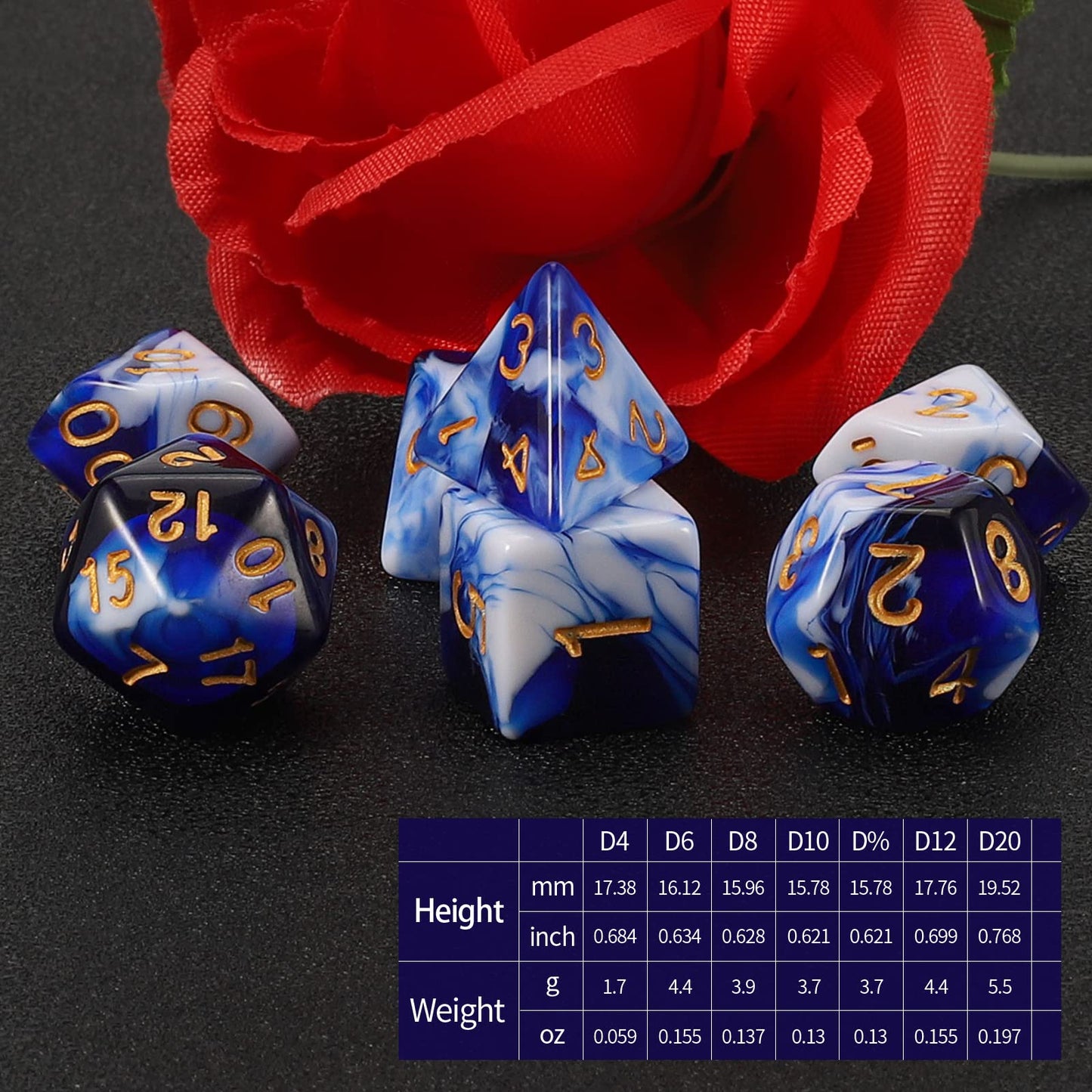 QMAY DND Dice Set – 7-Piece Polyhedral Dice with D&D Bag (Blue Mix White)