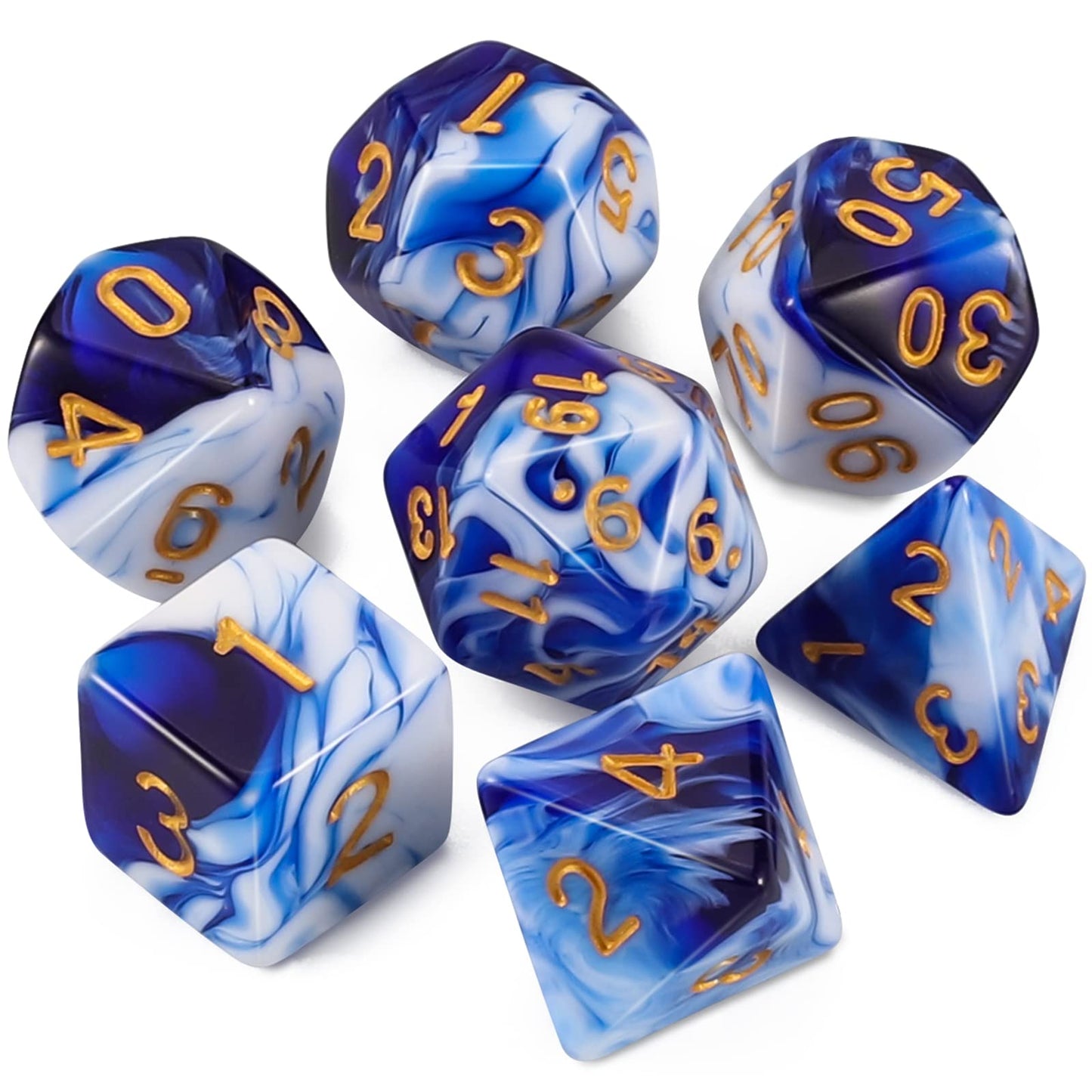QMAY DND Dice Set – 7-Piece Polyhedral Dice with D&D Bag (Blue Mix White)