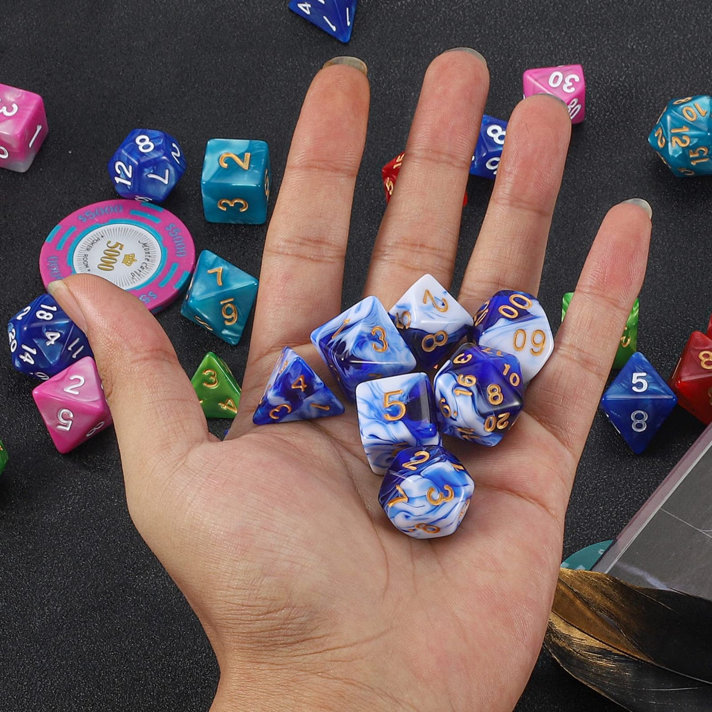QMAY DND Dice Set – 7-Piece Polyhedral Dice with D&D Bag (Blue Mix White)