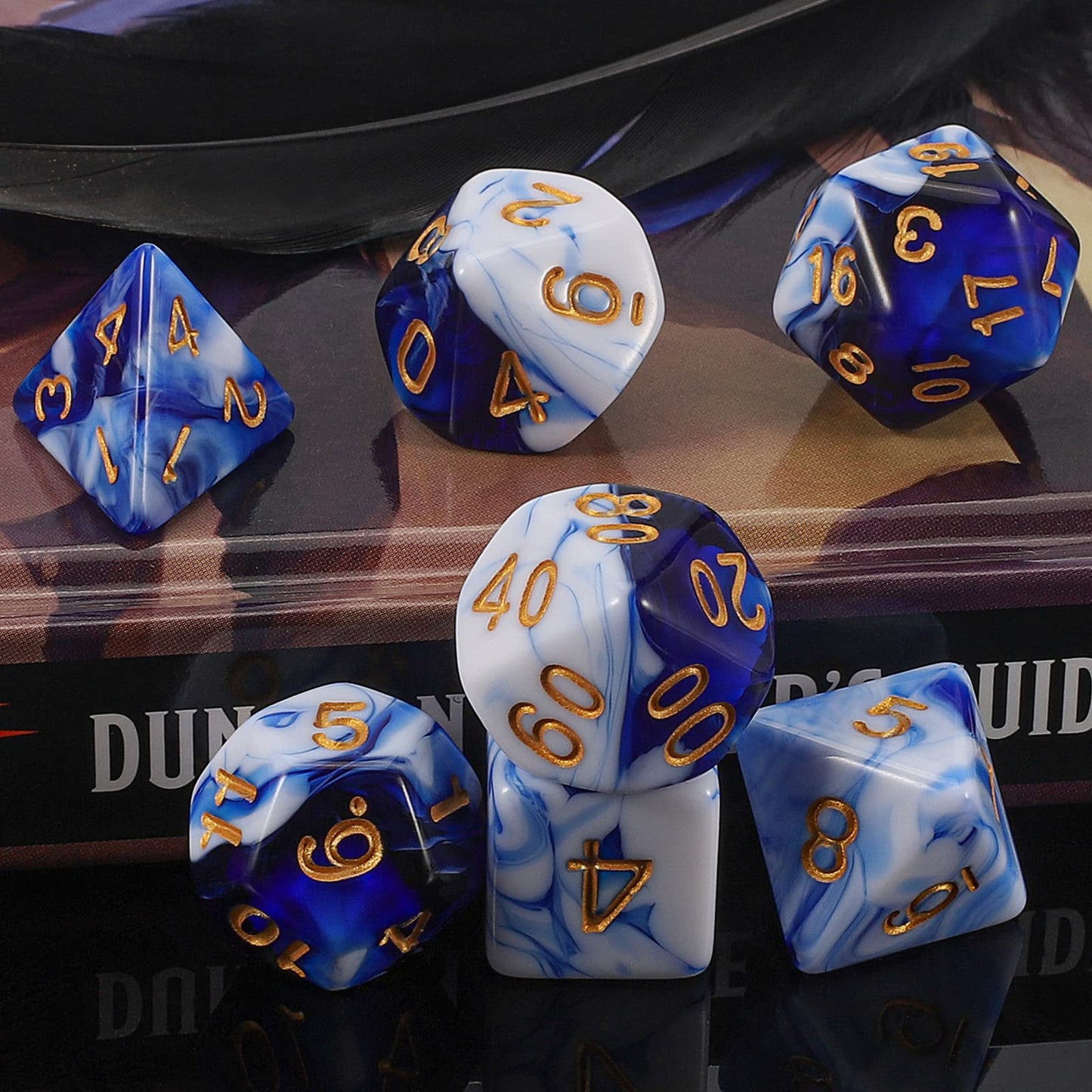 QMAY DND Dice Set – 7-Piece Polyhedral Dice with D&D Bag (Blue Mix White)