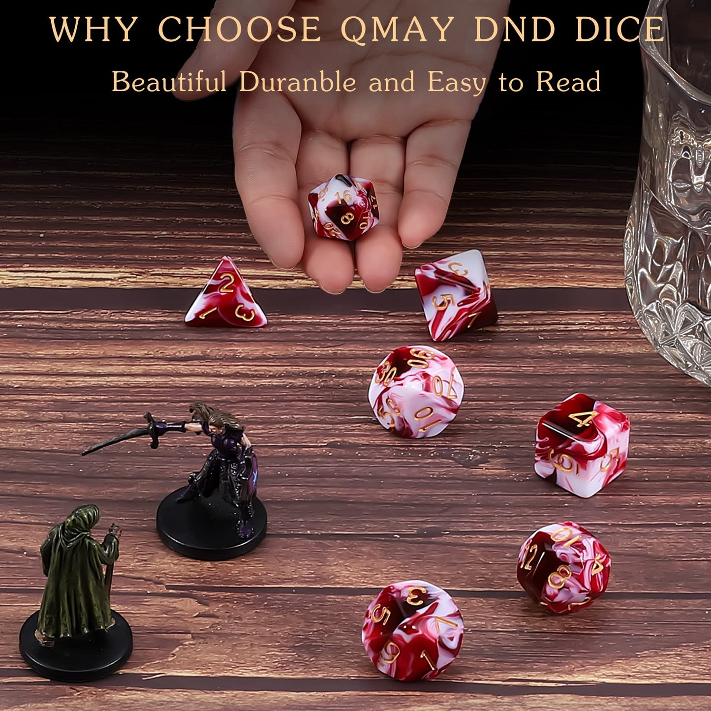 QMAY DND Dice Set – Blood Red & White Polyhedral Dice (7 Pcs) for D&D
