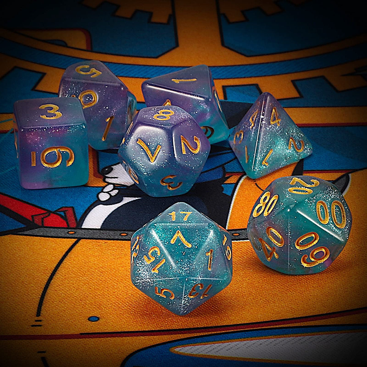 QMAY DND Dice Set – 7-Piece Purple Light Blue Glitter Polyhedral Dice for D&D