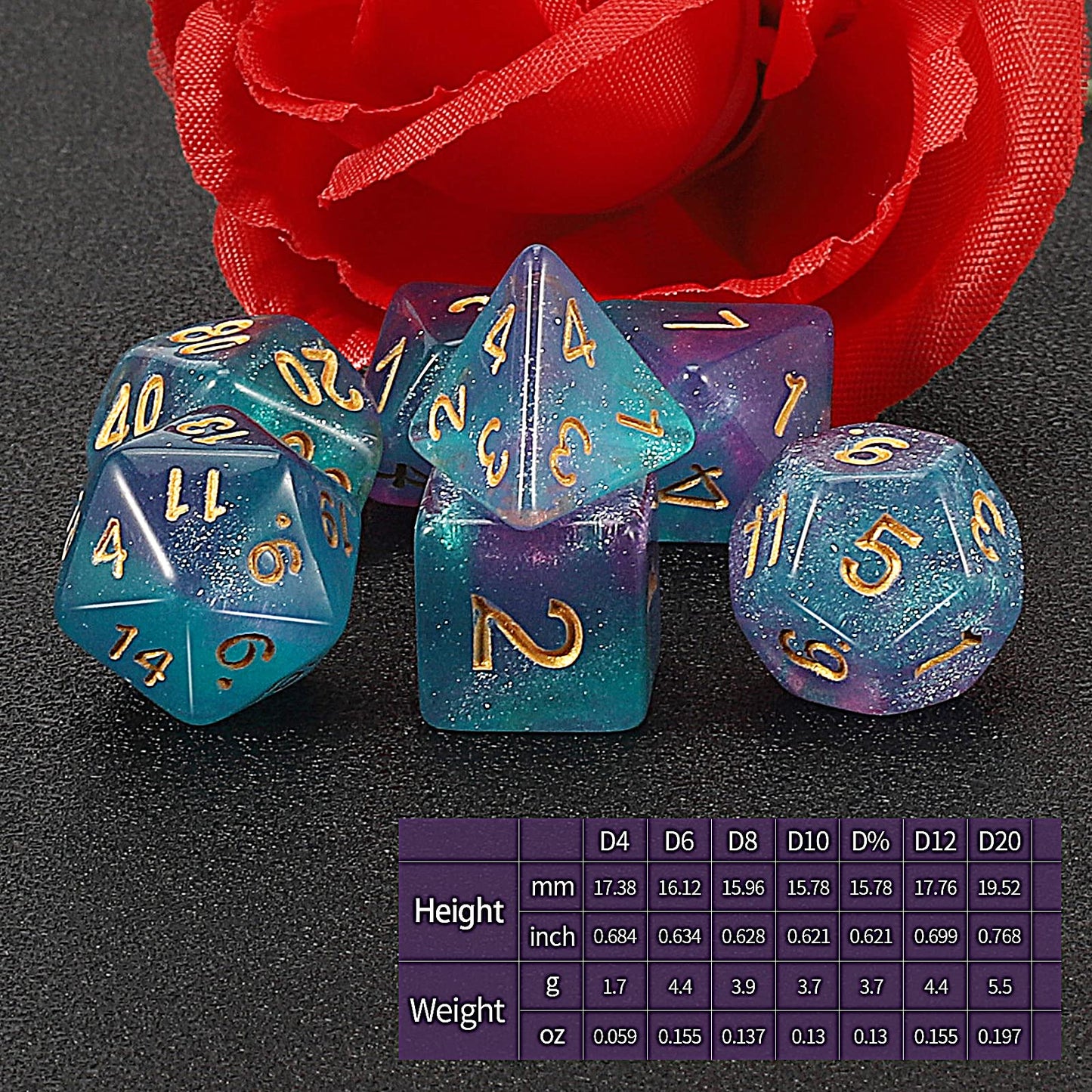 QMAY DND Dice Set – 7-Piece Purple Light Blue Glitter Polyhedral Dice for D&D