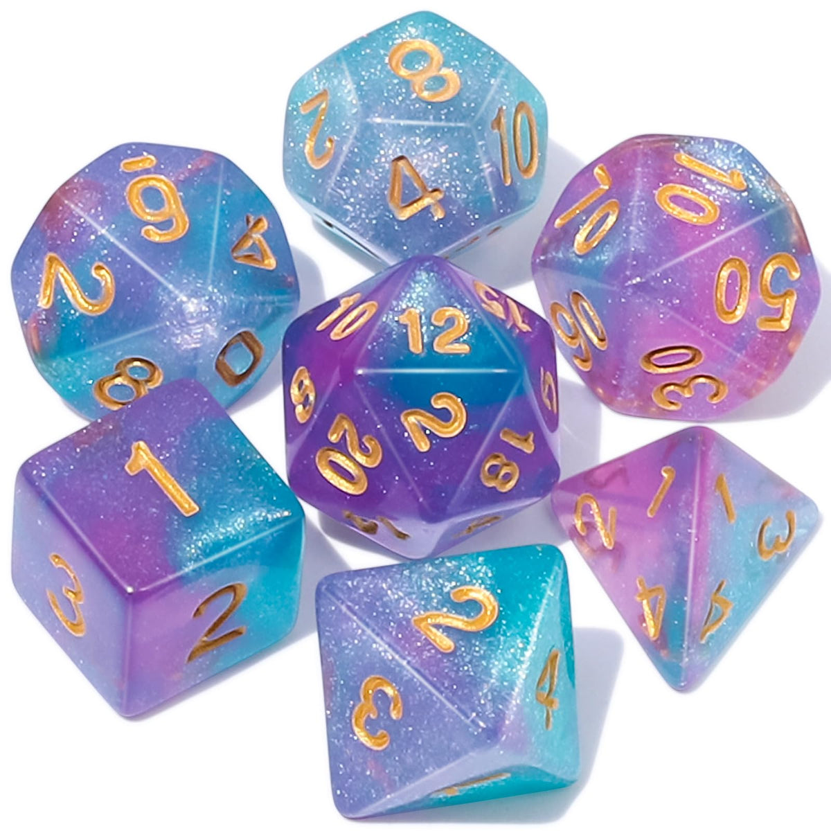 QMAY DND Dice Set – 7-Piece Purple Light Blue Glitter Polyhedral Dice for D&D