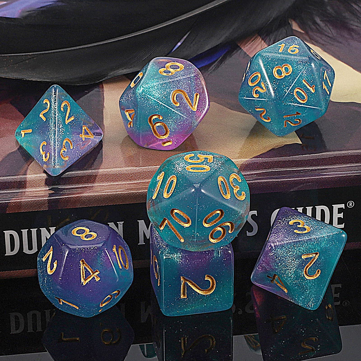 QMAY DND Dice Set – 7-Piece Purple Light Blue Glitter Polyhedral Dice for D&D