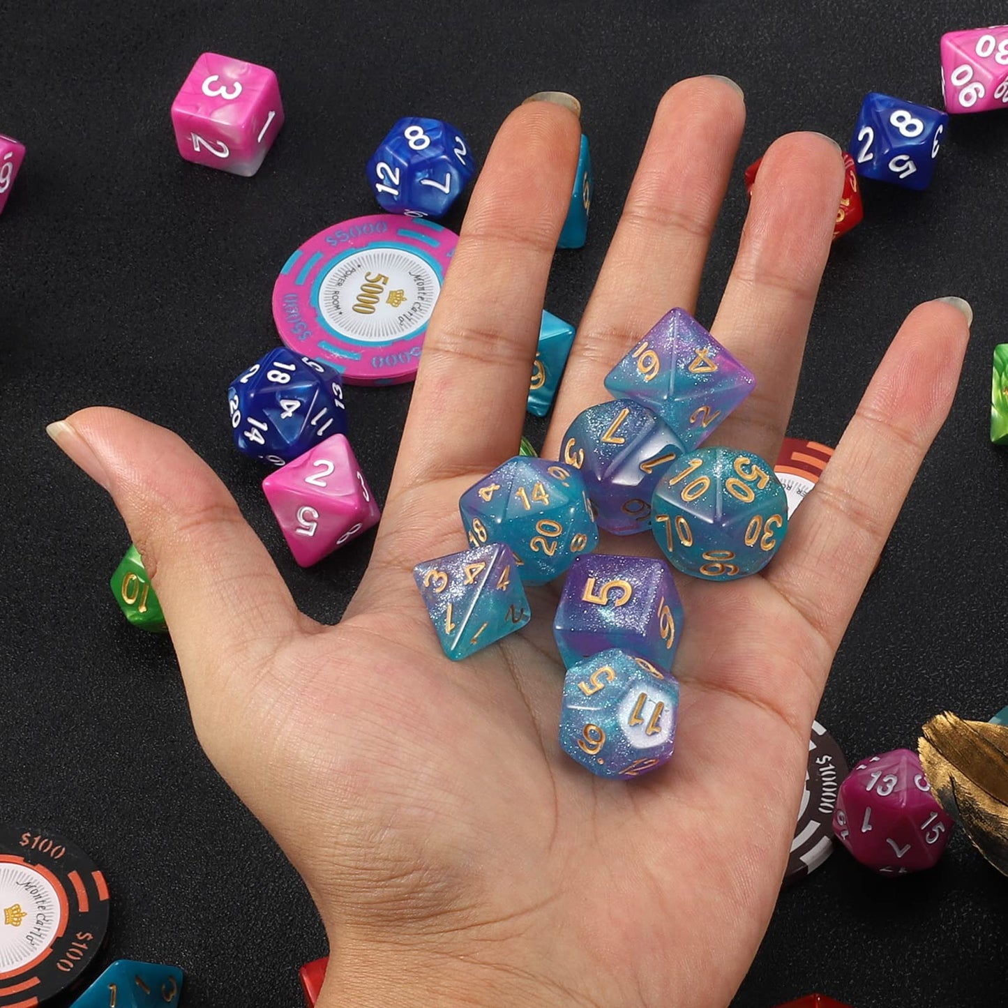 QMAY DND Dice Set – 7-Piece Purple Light Blue Glitter Polyhedral Dice for D&D