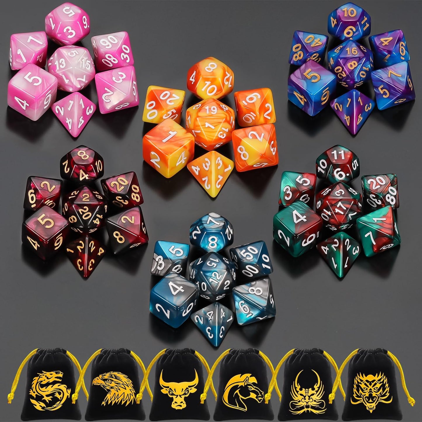 QMay DND Dice Sets – 42 Polyhedral Dice with 6 Drawstring Bags for RPGs