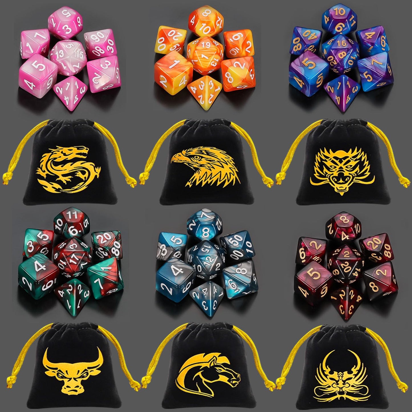 QMay DND Dice Sets – 42 Polyhedral Dice with 6 Drawstring Bags for RPGs