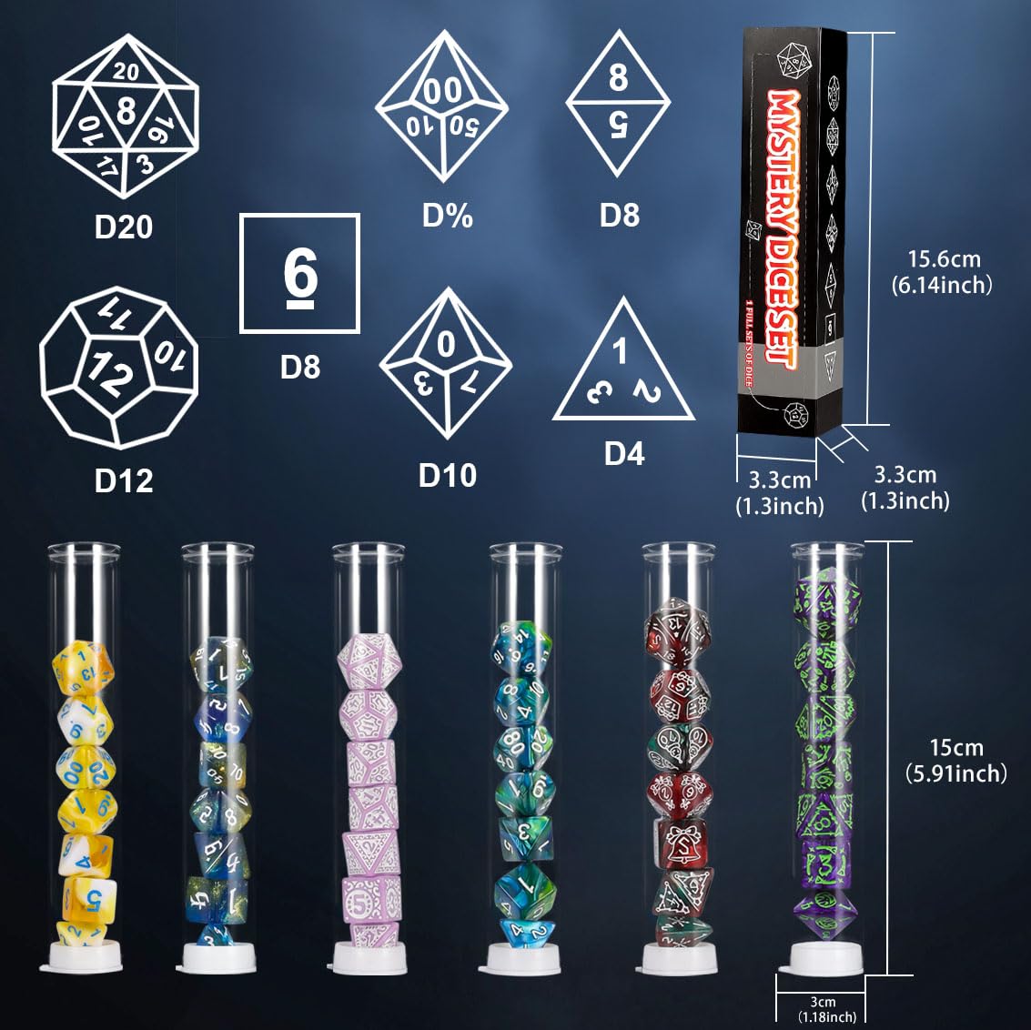 QMAY Mystery Dice Box - 7-Piece Polyhedral Dice Set with Display Tube | Random Patterns for D&D, RPG & MTG
