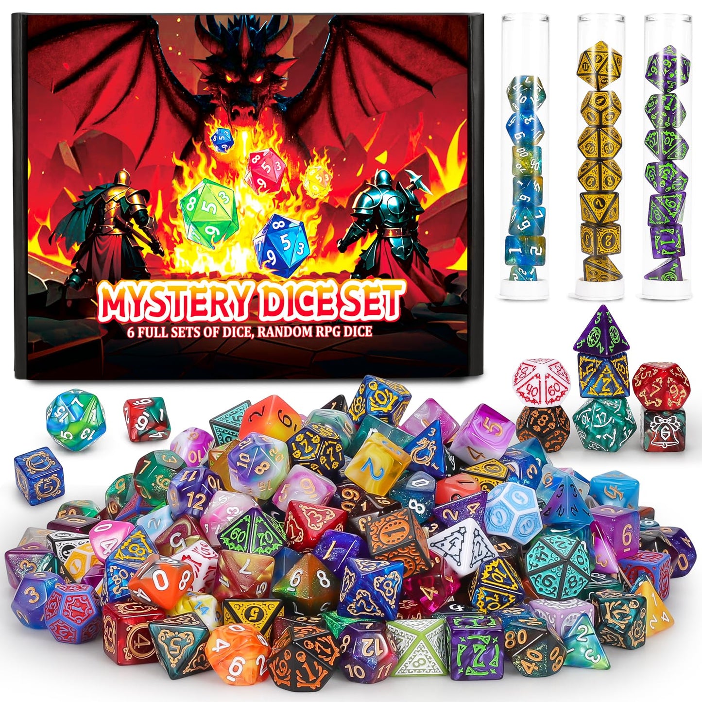 QMAY Mystery Dice Box – 48 Pcs DND Dice Set with 6 Surprise Boxes