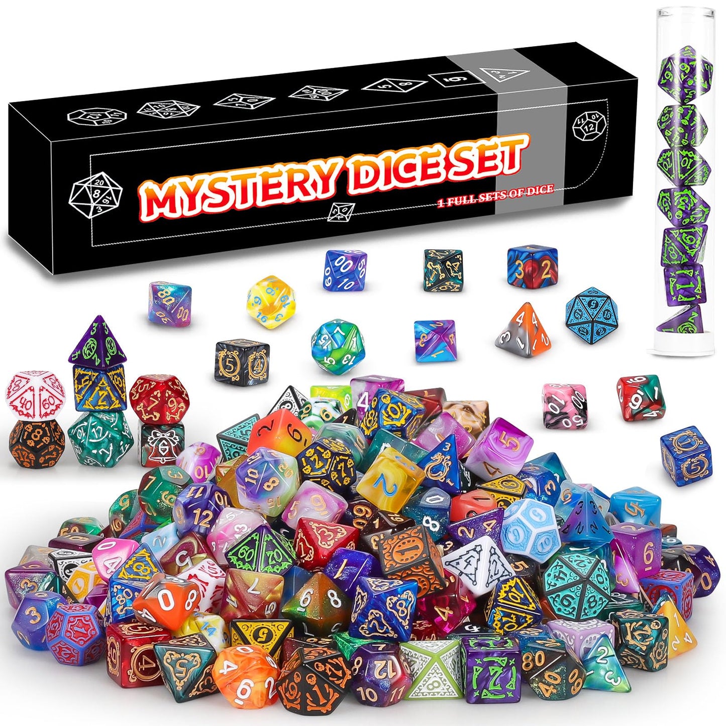 QMAY Mystery Dice Box - 7-Piece Polyhedral Dice Set with Display Tube | Random Patterns for D&D, RPG & MTG