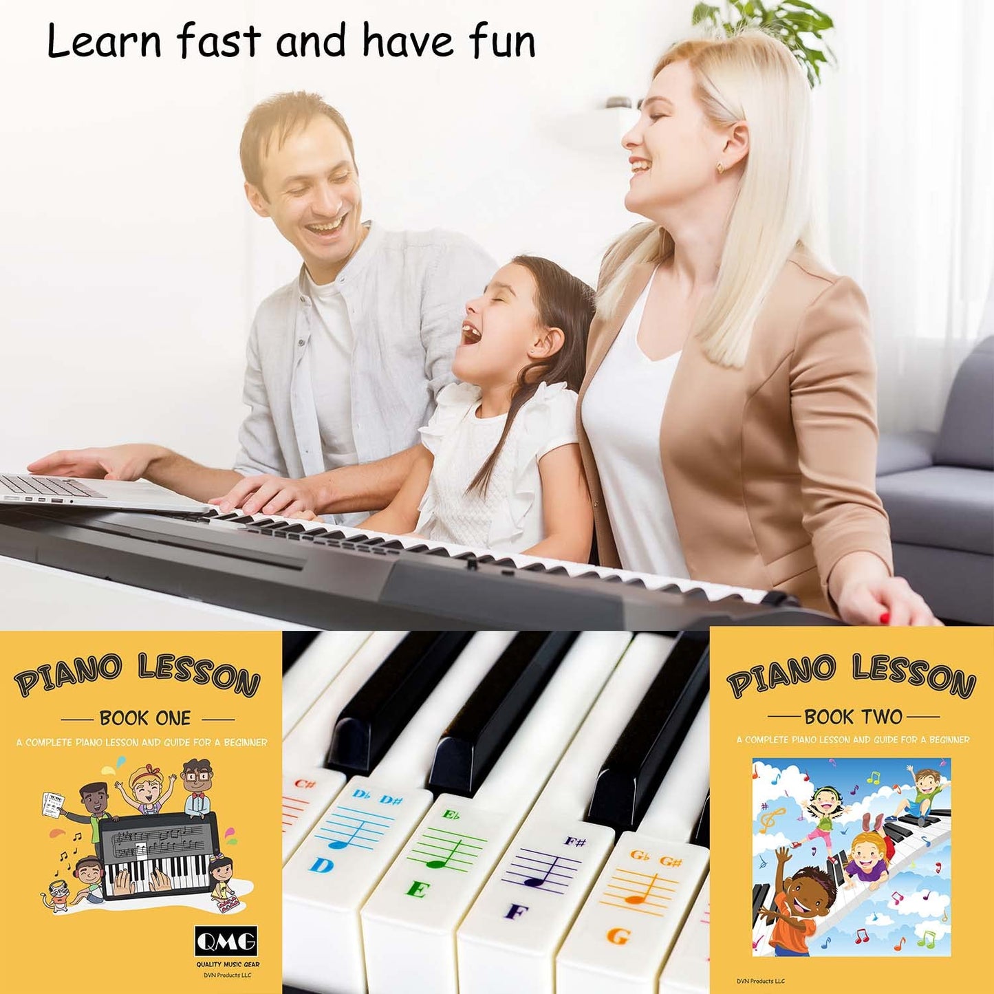 QMG Color Piano Stickers & Complete Color Note Piano Lessons for Kids and Beginners | Designed and Printed in USA