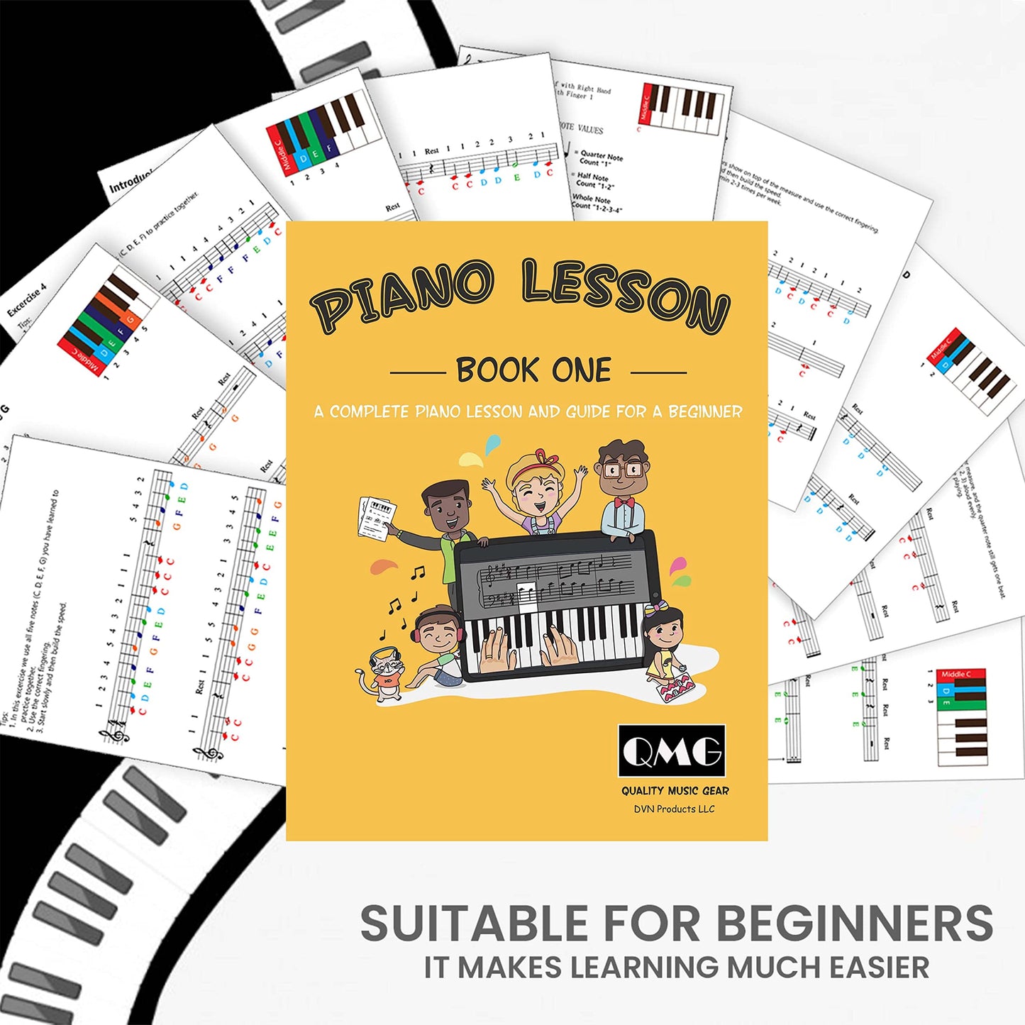 QMG Color Piano Stickers & Complete Color Note Piano Lessons for Kids and Beginners | Designed and Printed in USA