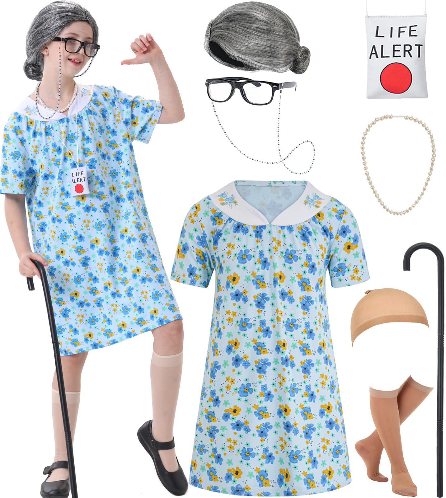 qnprt 100 Days of School Costume for Kids | Old Lady Grandma Dress Up