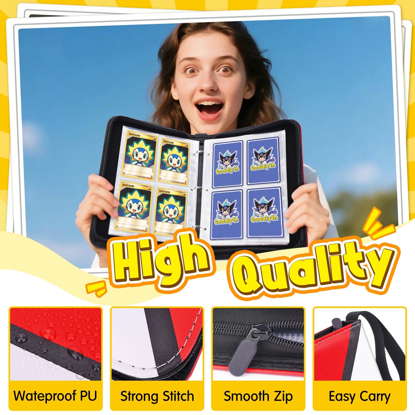 Qodalyth Card Binder – 4-Pocket Zipper Album for 400 Cards | Premium PU Leather